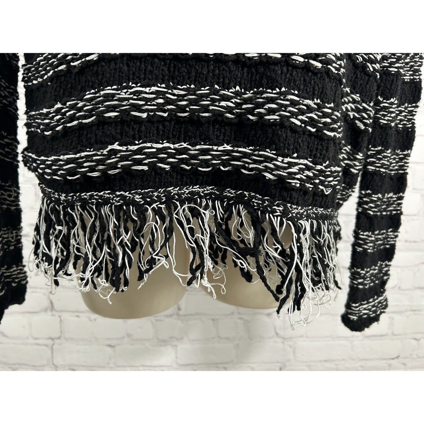 Chico's Black White Crochet Loose Weave Pullover Sweater Tassels Women’s Size S
