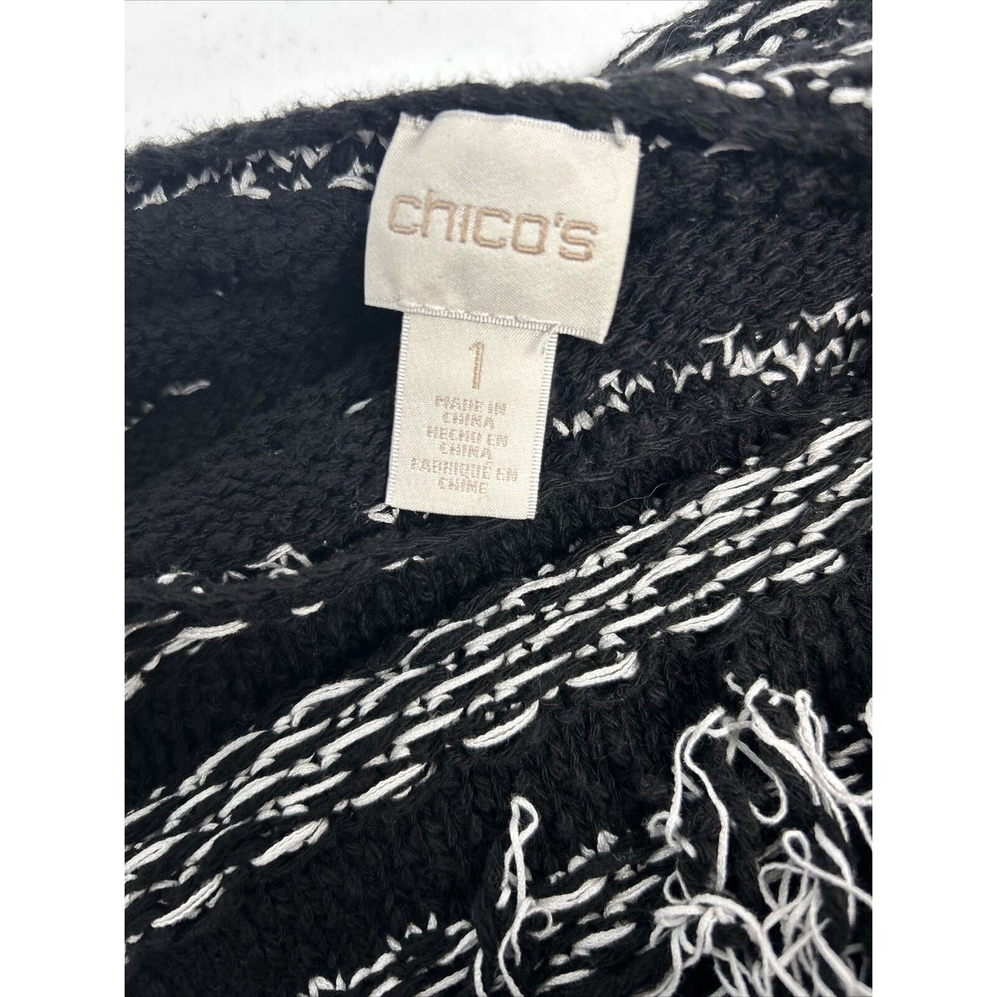 Chico's Black White Crochet Loose Weave Pullover Sweater Tassels Women’s Size S