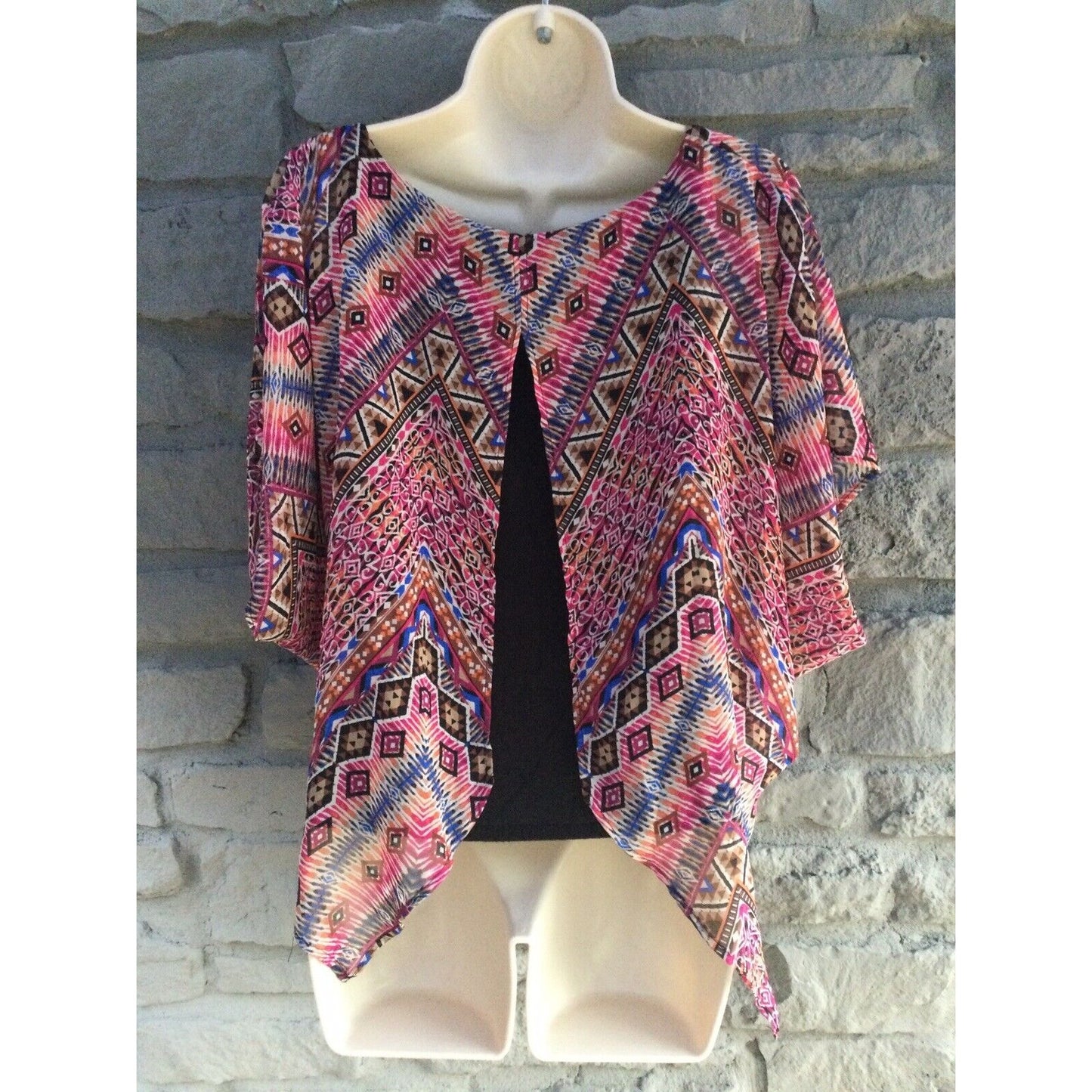 Chenault Shawl Blouse Vibrant Geometric Layered Open Back Small S