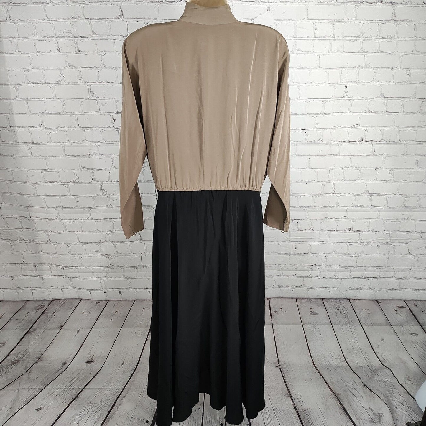 VTG Liz Roberts Black Beige Color Block Long Sleeve Polyester Maxi Dress Size 10