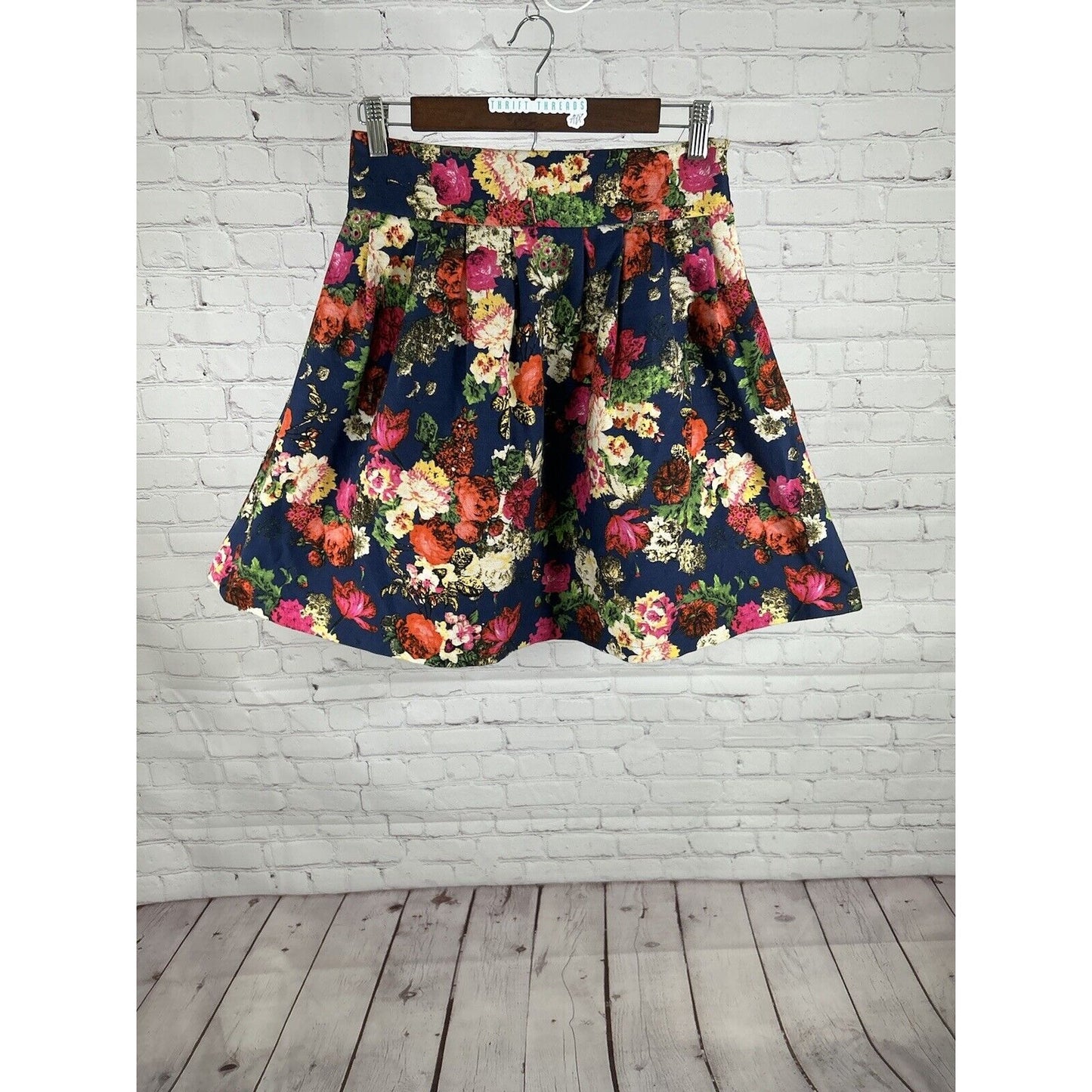 Green World Fashion Floral Pleated Lined Knee Length A Line Skirt Women’s L