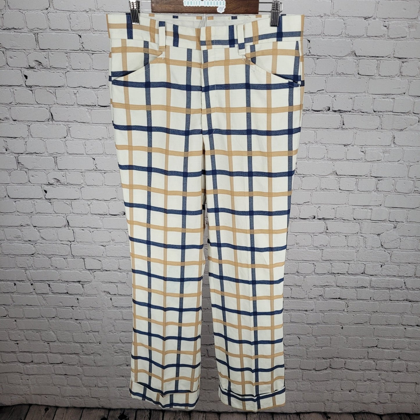 VTG Farah Blue Tan Check Straight Leg Cuffed Pants USA Retro Trousers (32x33)