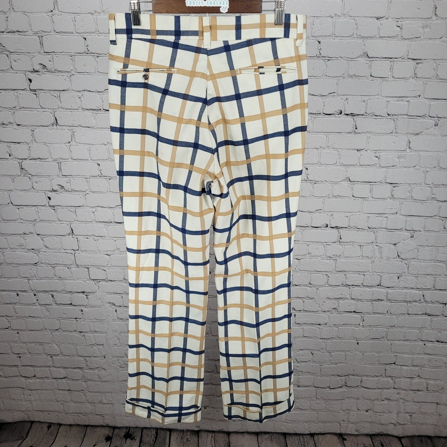 VTG Farah Blue Tan Check Straight Leg Cuffed Pants USA Retro Trousers (32x33)