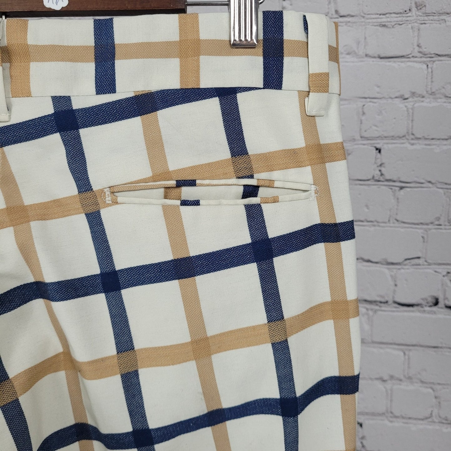 VTG Farah Blue Tan Check Straight Leg Cuffed Pants USA Retro Trousers (32x33)
