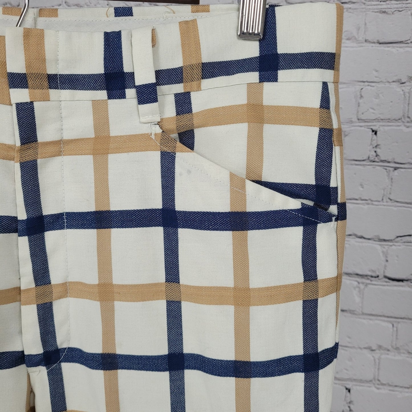 VTG Farah Blue Tan Check Straight Leg Cuffed Pants USA Retro Trousers (32x33)