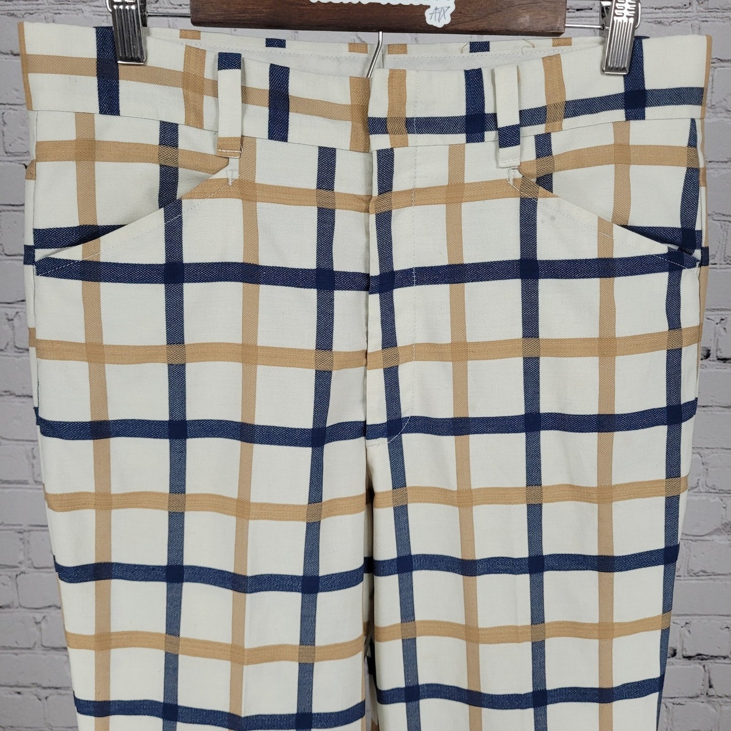 VTG Farah Blue Tan Check Straight Leg Cuffed Pants USA Retro Trousers (32x33)