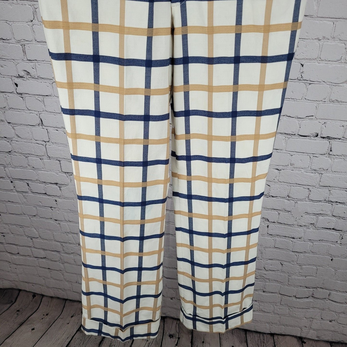 VTG Farah Blue Tan Check Straight Leg Cuffed Pants USA Retro Trousers (32x33)