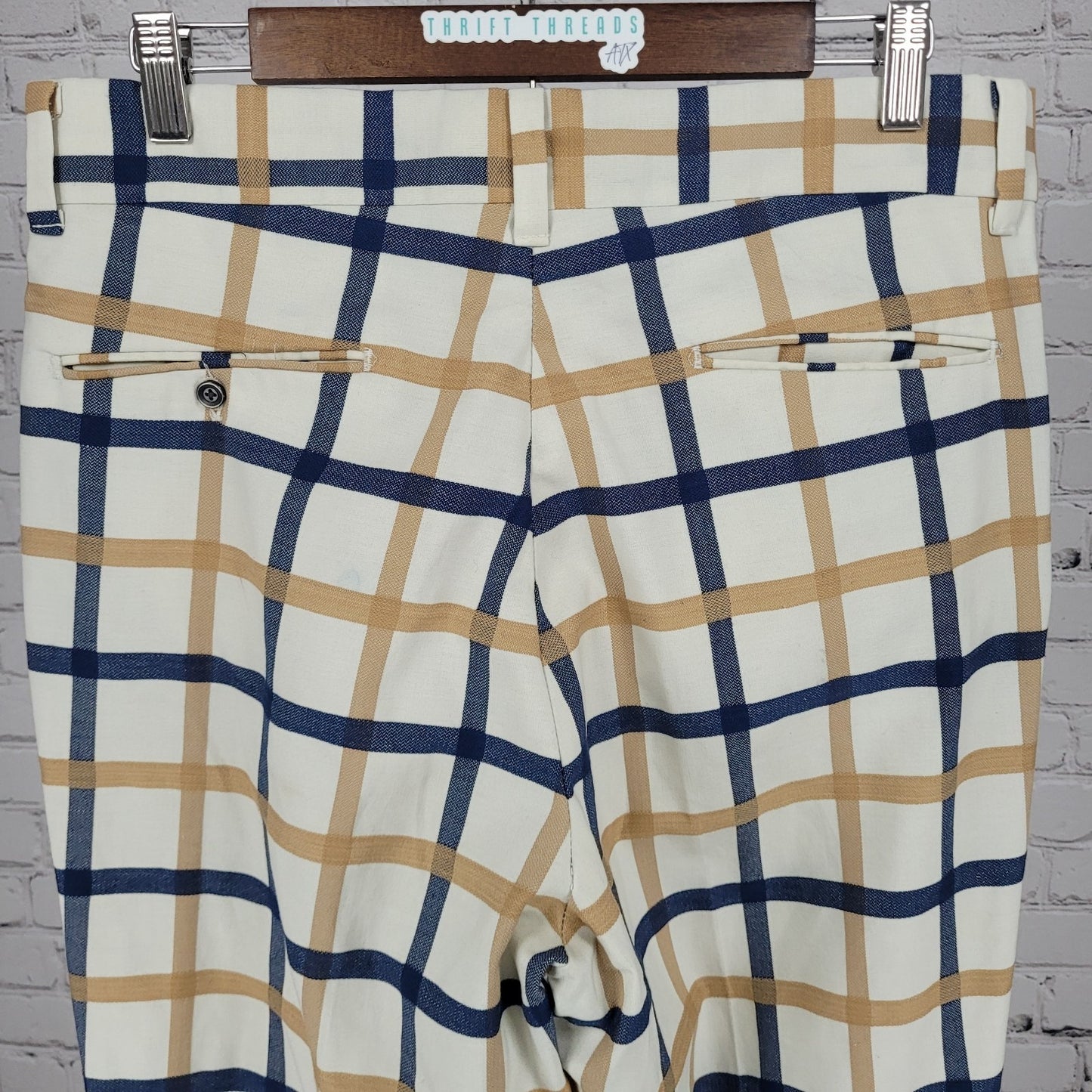 VTG Farah Blue Tan Check Straight Leg Cuffed Pants USA Retro Trousers (32x33)
