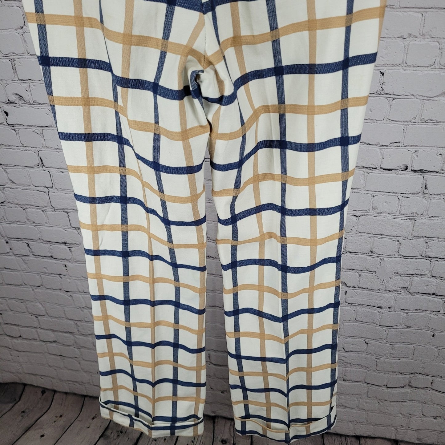VTG Farah Blue Tan Check Straight Leg Cuffed Pants USA Retro Trousers (32x33)