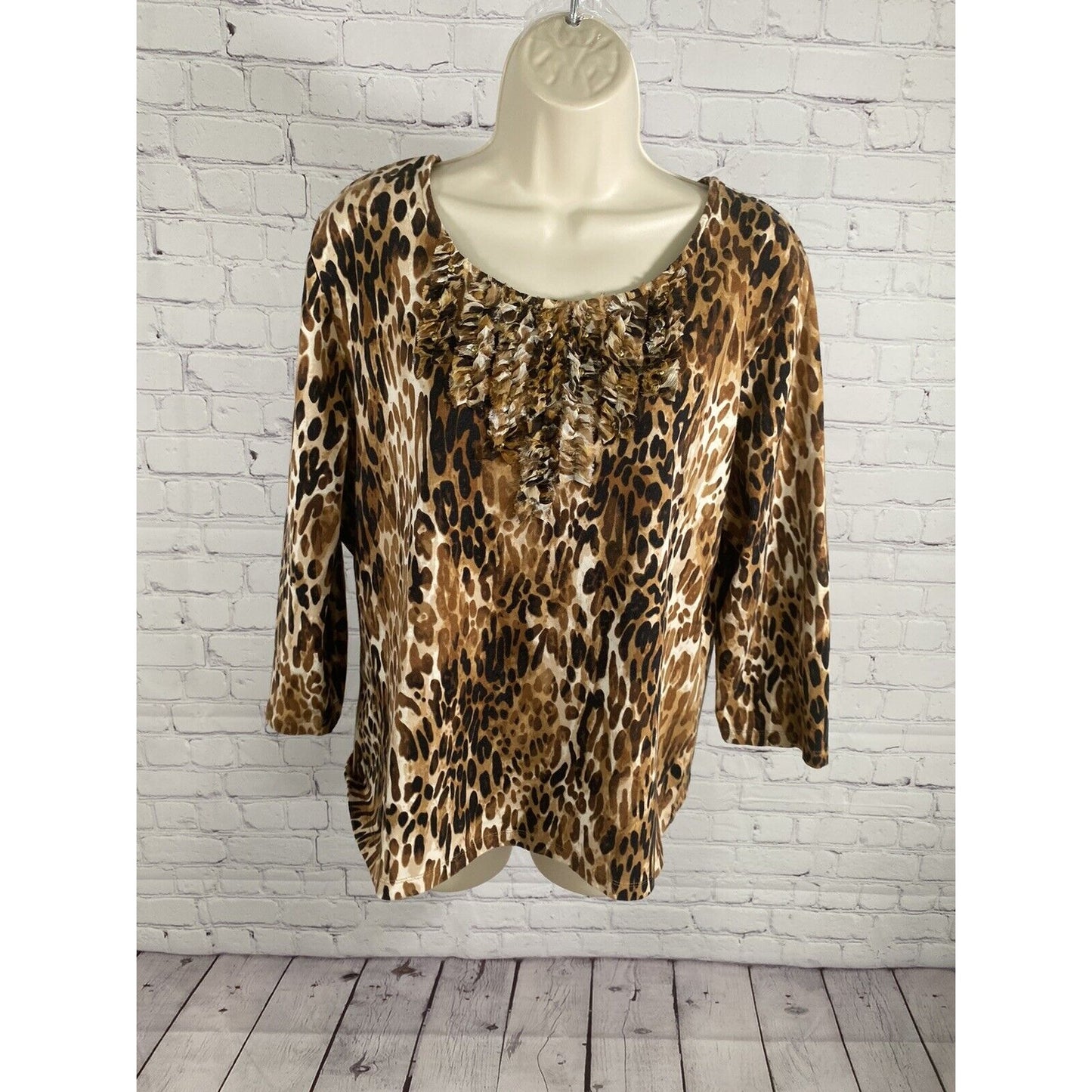 Ruby Rd Multicolored Cheetah Print 3/4 Sleeve Ruffles Sequins Pullover Blouse XL