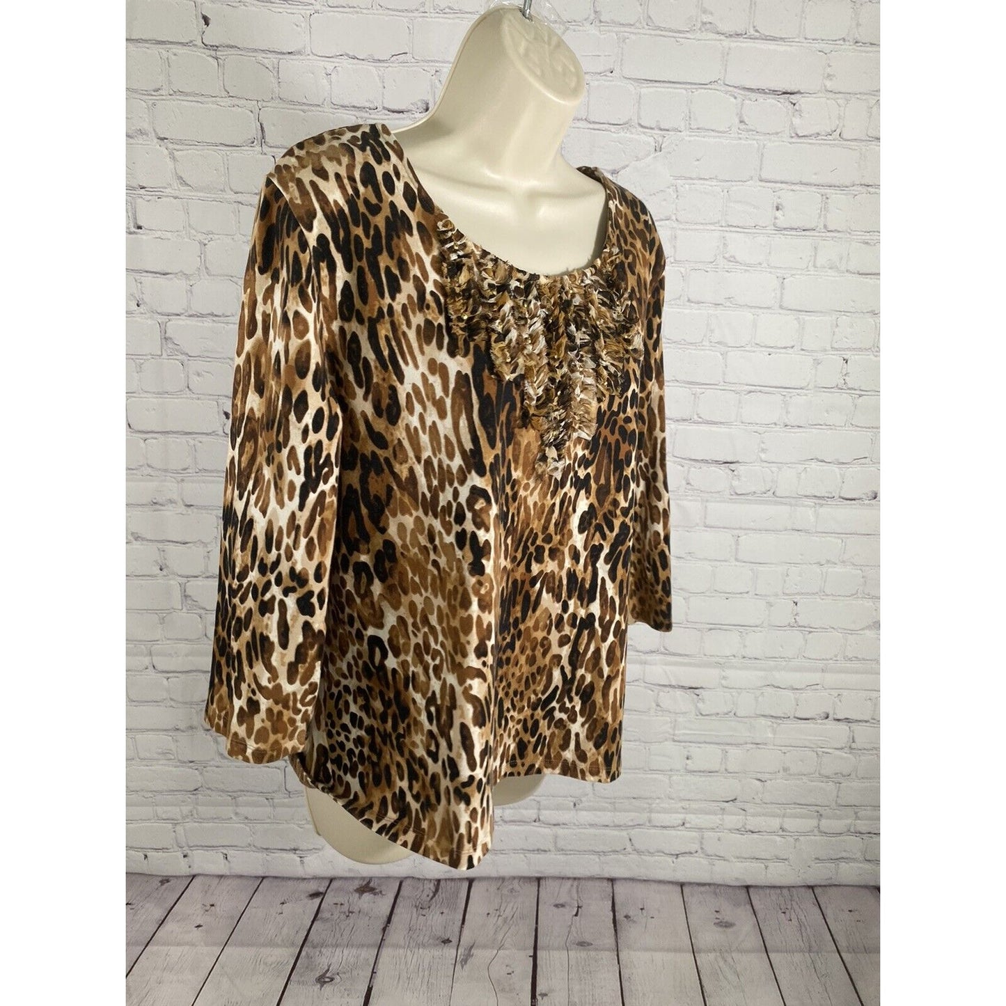 Ruby Rd Multicolored Cheetah Print 3/4 Sleeve Ruffles Sequins Pullover Blouse XL