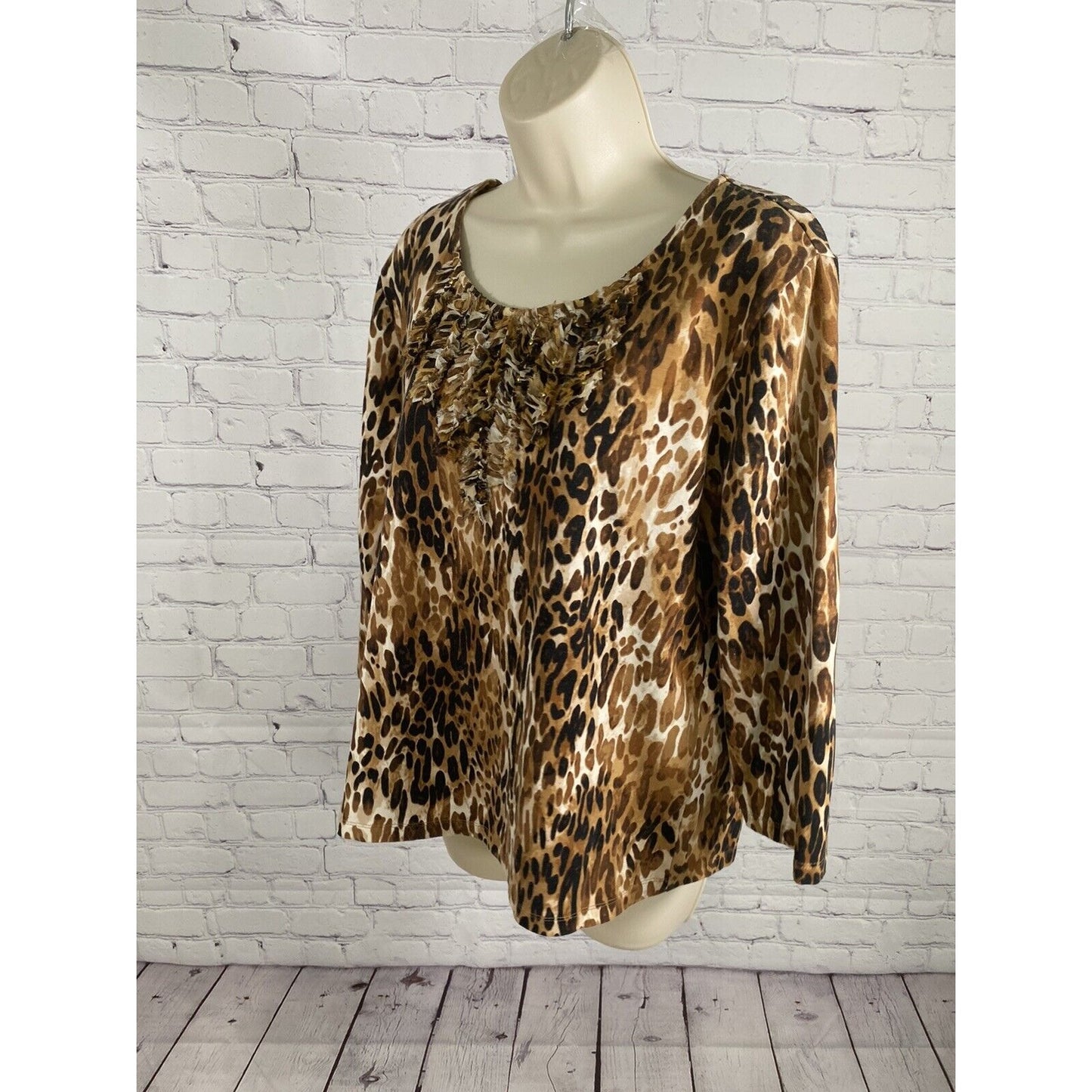 Ruby Rd Multicolored Cheetah Print 3/4 Sleeve Ruffles Sequins Pullover Blouse XL