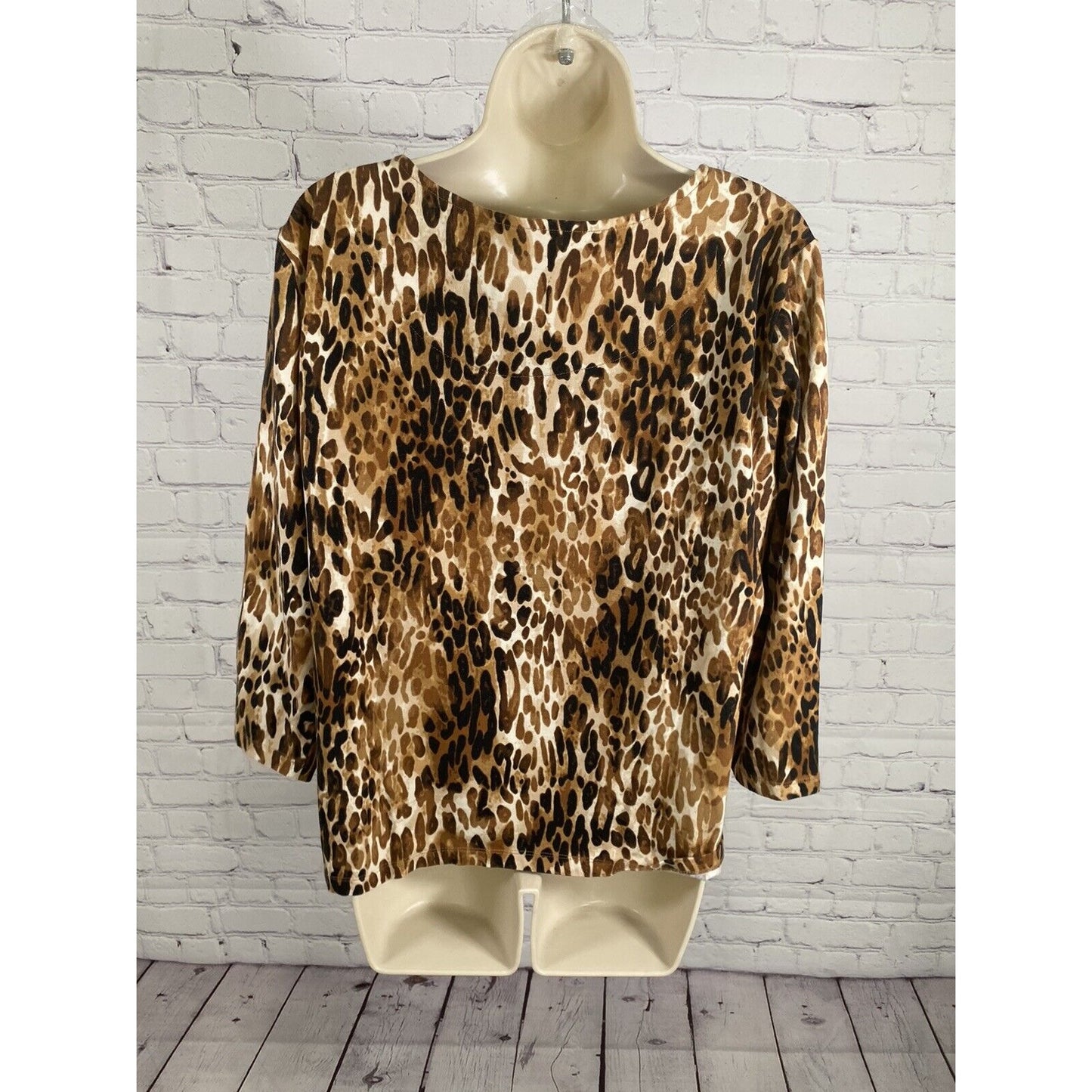 Ruby Rd Multicolored Cheetah Print 3/4 Sleeve Ruffles Sequins Pullover Blouse XL