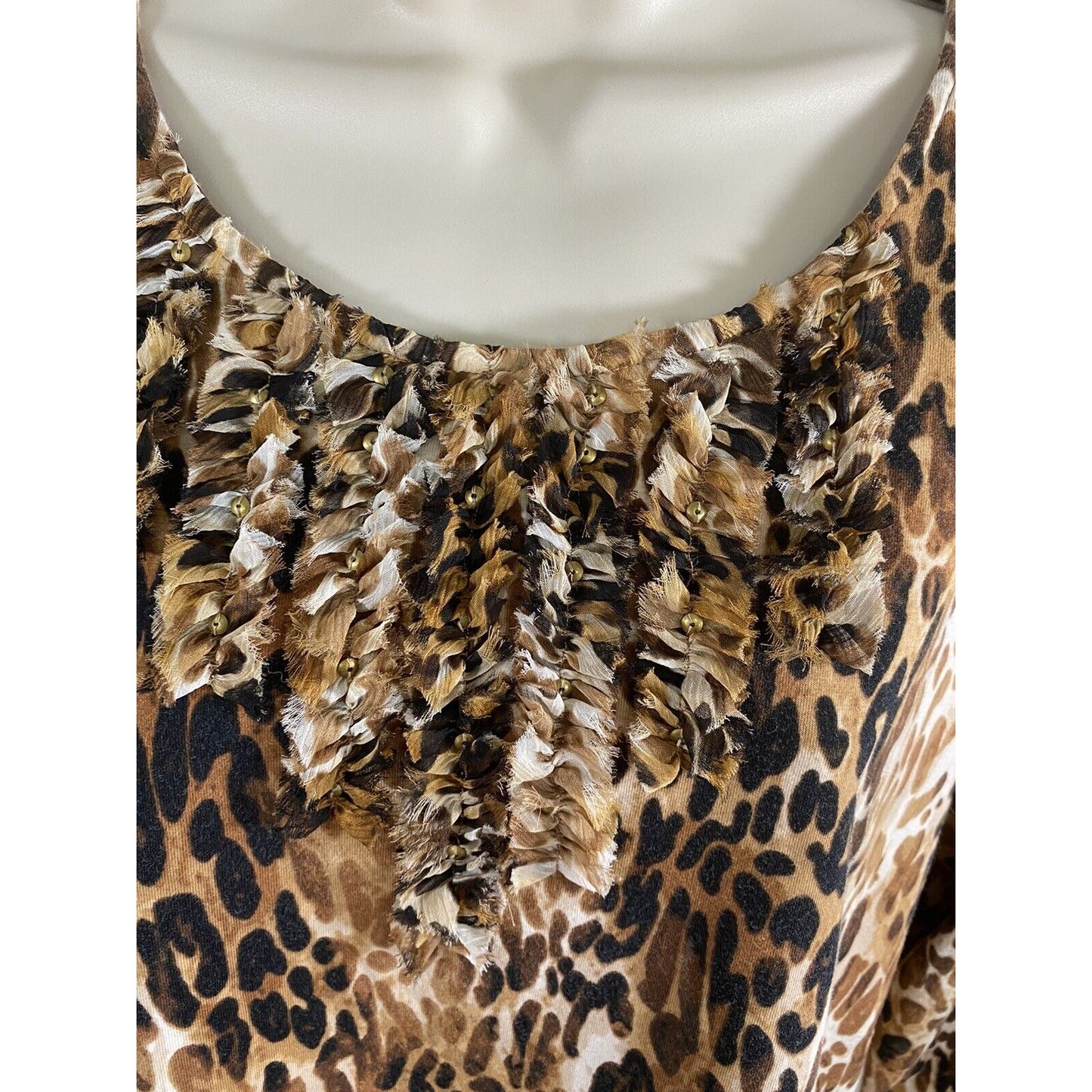Ruby Rd Multicolored Cheetah Print 3/4 Sleeve Ruffles Sequins Pullover Blouse XL