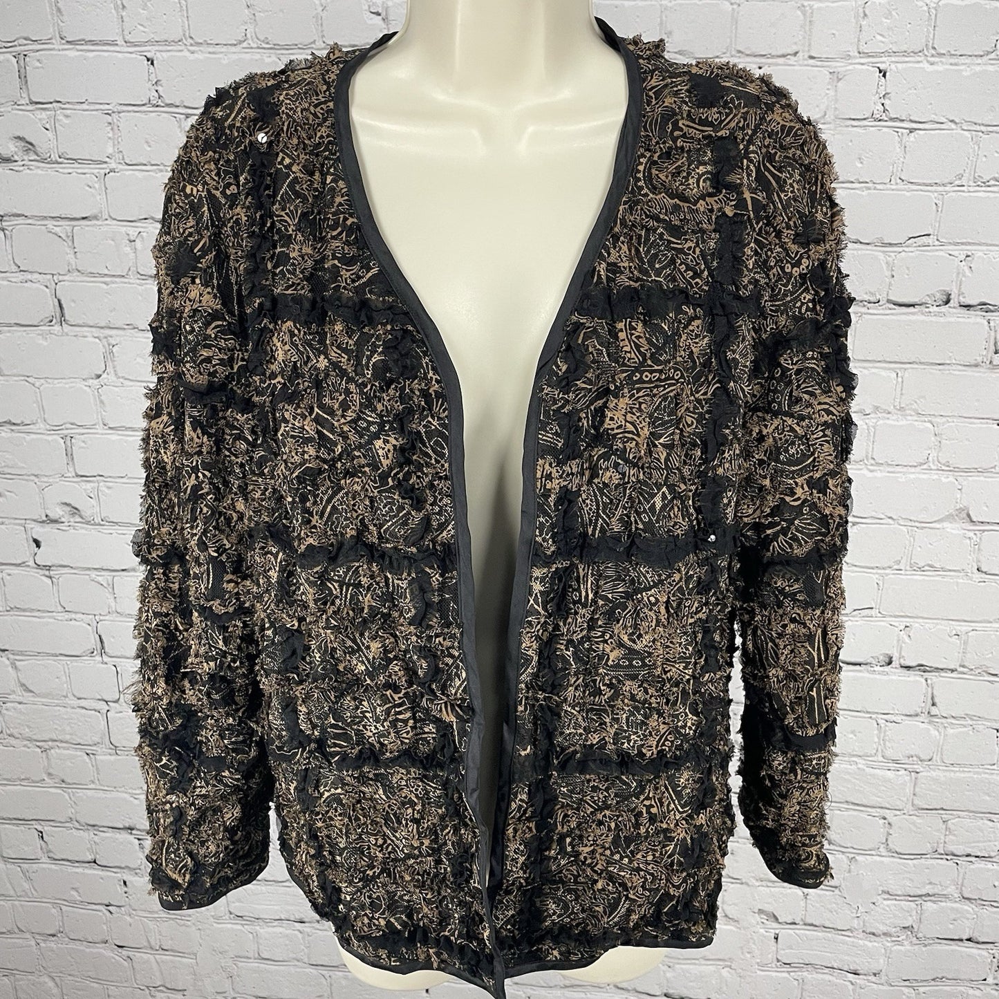 Chico’s Brown Silk Blend Textured Ruffle Lightweight Open Jacket Size 1 (US 8)