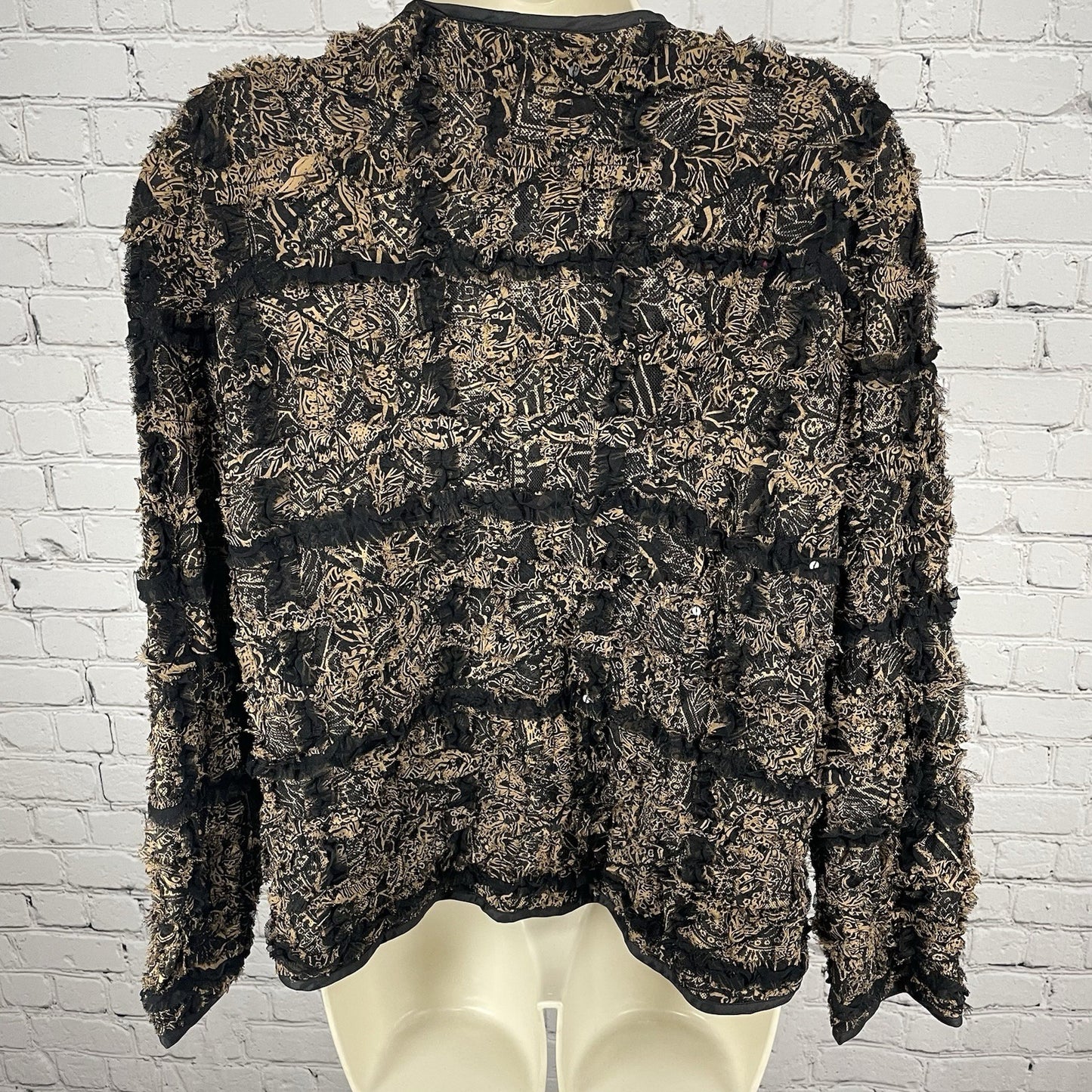 Chico’s Brown Silk Blend Textured Ruffle Lightweight Open Jacket Size 1 (US 8)