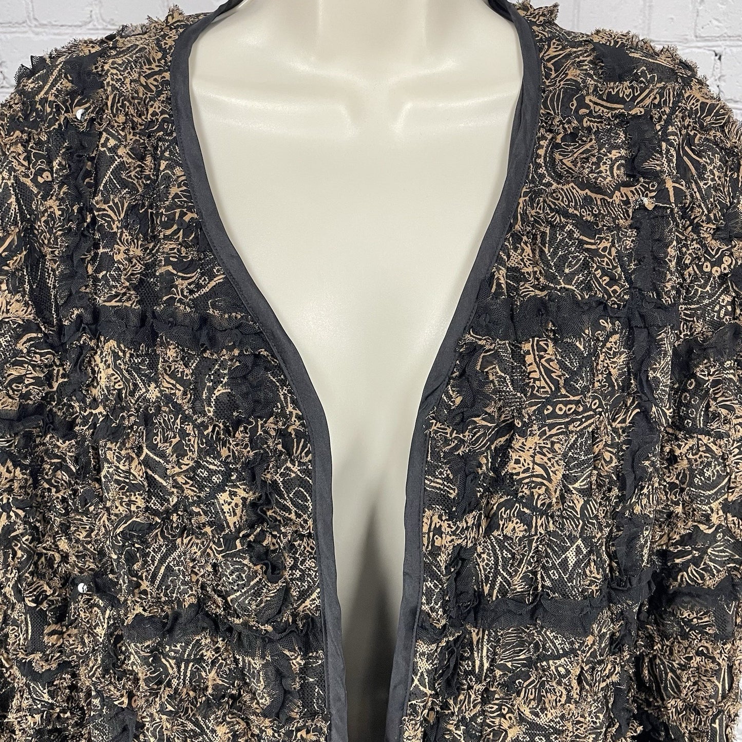 Chico’s Brown Silk Blend Textured Ruffle Lightweight Open Jacket Size 1 (US 8)
