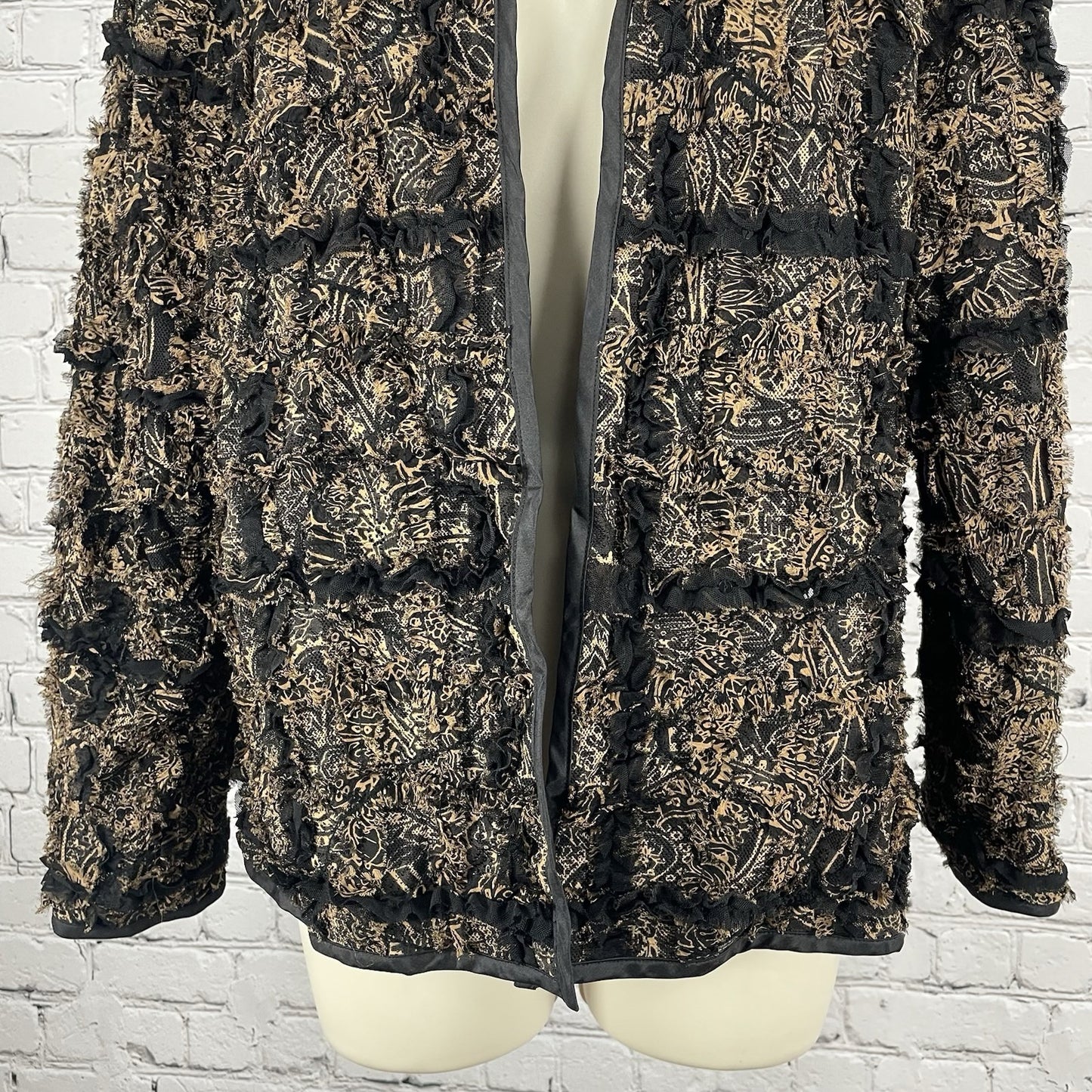 Chico’s Brown Silk Blend Textured Ruffle Lightweight Open Jacket Size 1 (US 8)