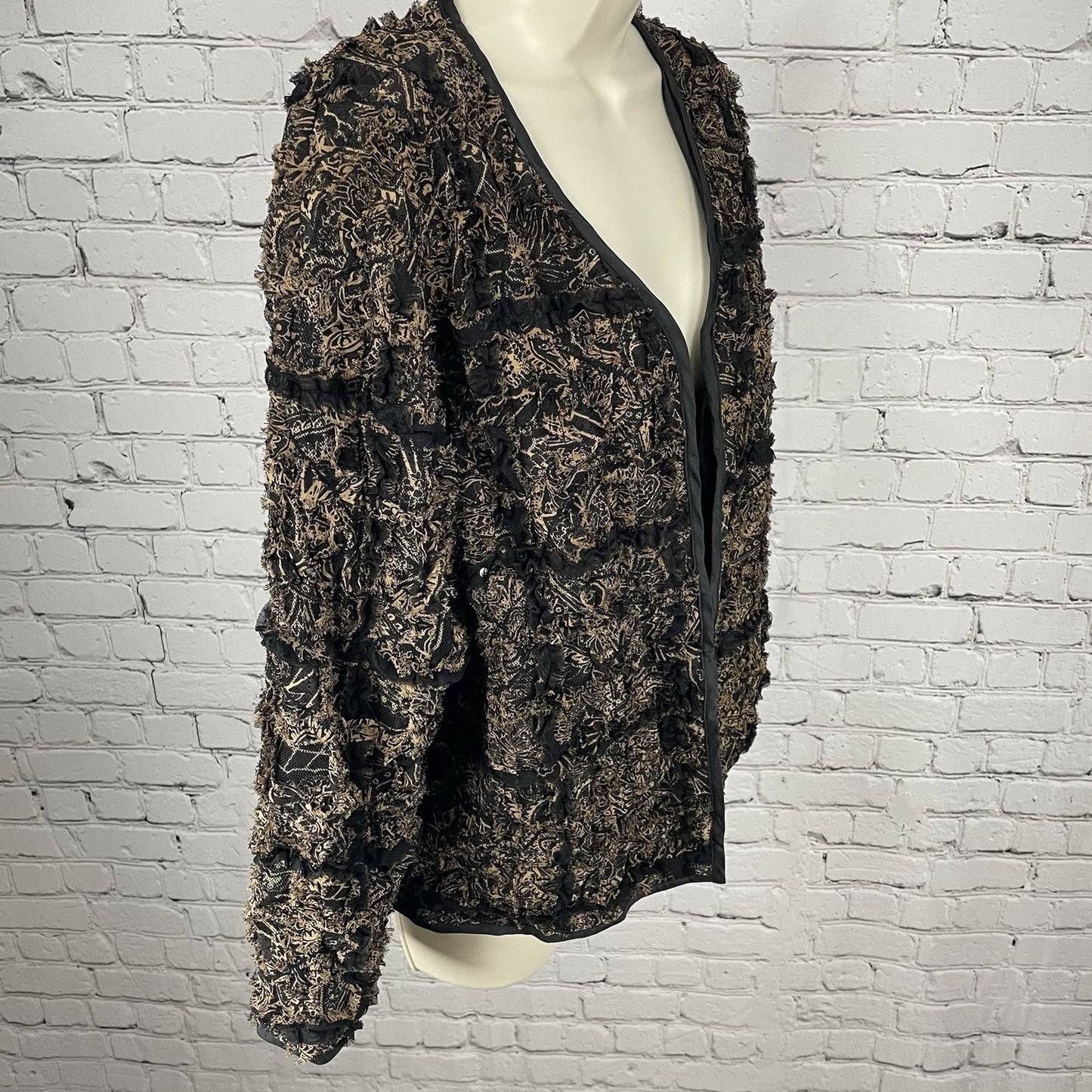 Chico’s Brown Silk Blend Textured Ruffle Lightweight Open Jacket Size 1 (US 8)