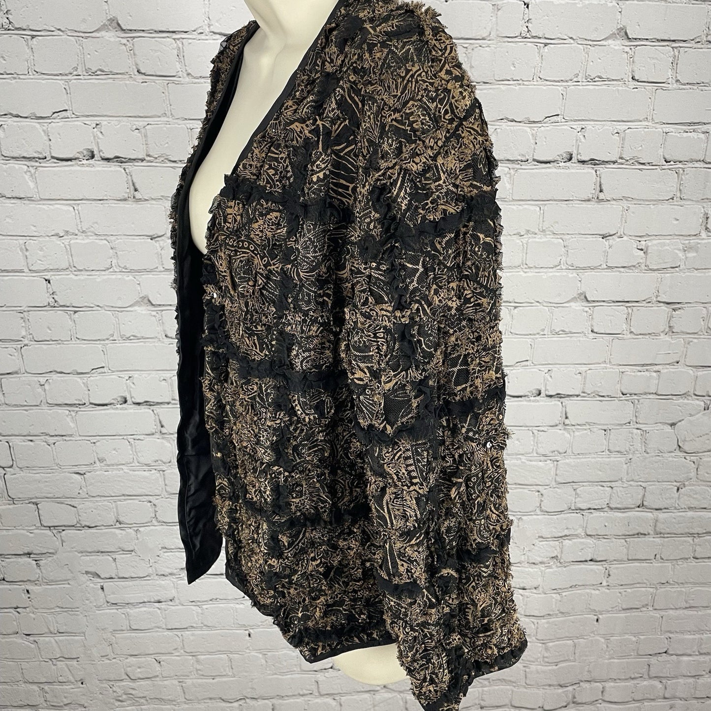 Chico’s Brown Silk Blend Textured Ruffle Lightweight Open Jacket Size 1 (US 8)