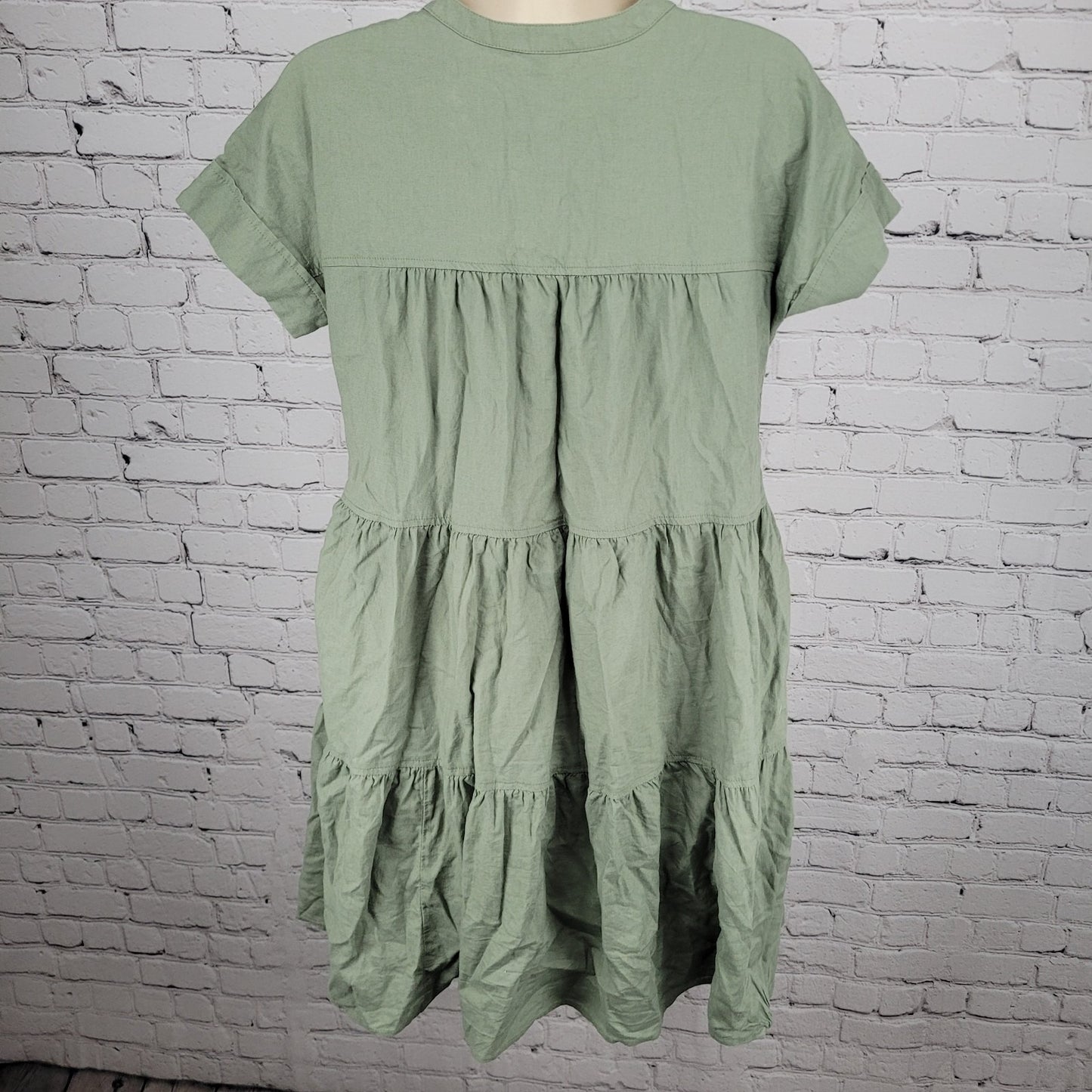 Caslon Green Linen Blend Lightweight Buttoned Short Sleeve Pockets Mini Dress XS