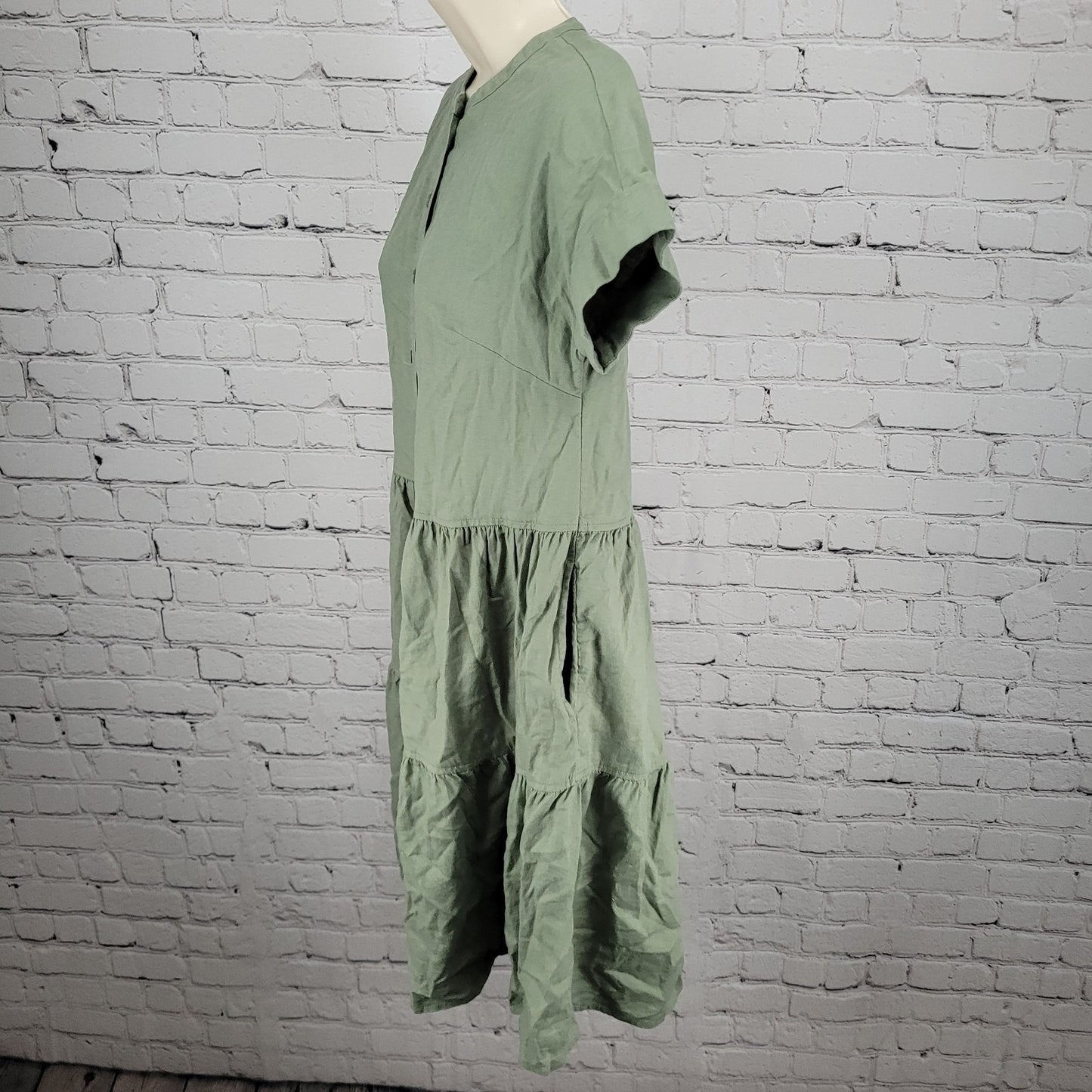 Caslon Green Linen Blend Lightweight Buttoned Short Sleeve Pockets Mini Dress XS