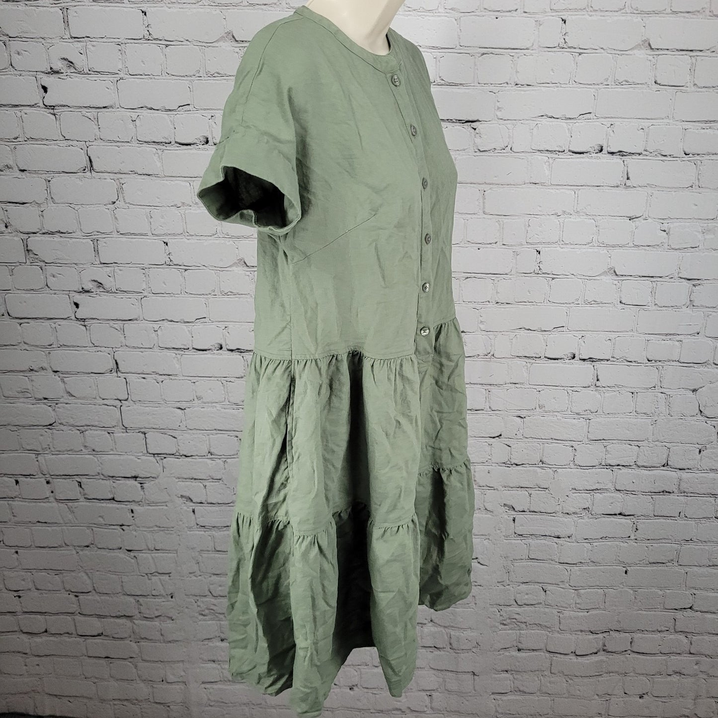 Caslon Green Linen Blend Lightweight Buttoned Short Sleeve Pockets Mini Dress XS