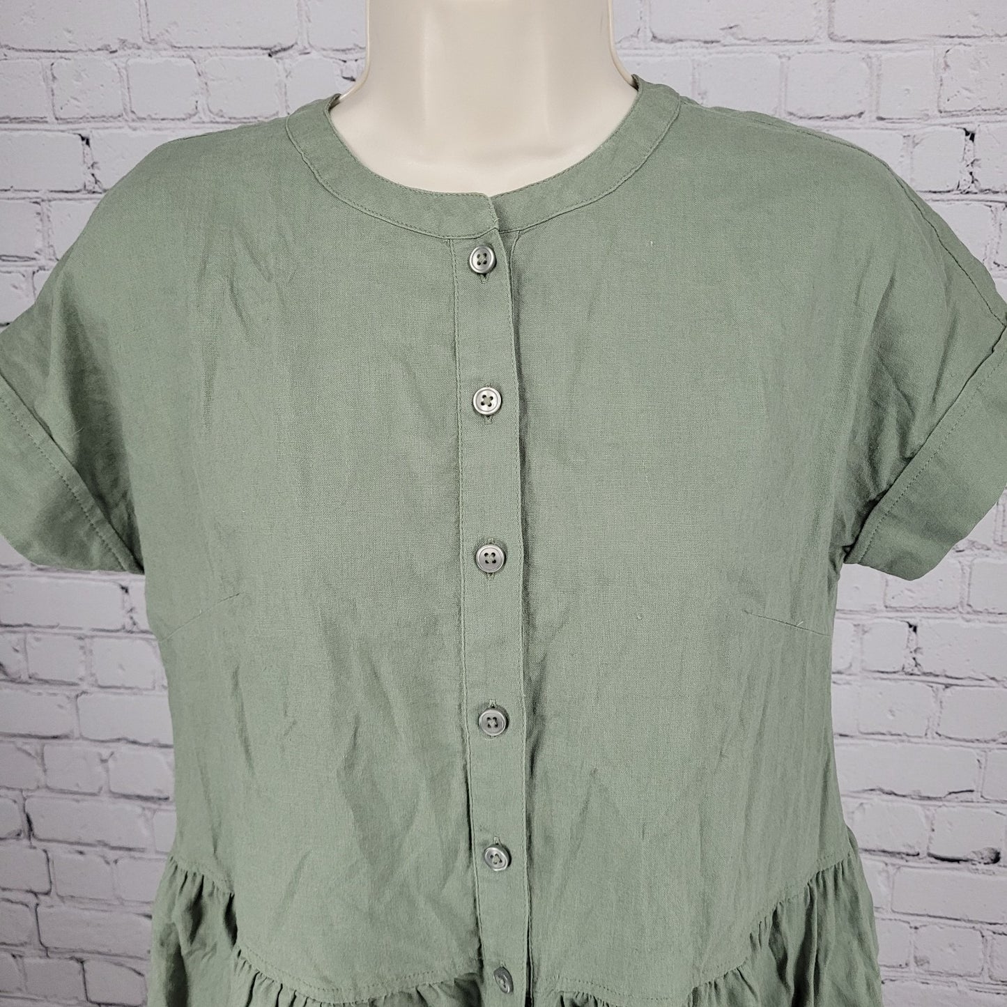 Caslon Green Linen Blend Lightweight Buttoned Short Sleeve Pockets Mini Dress XS