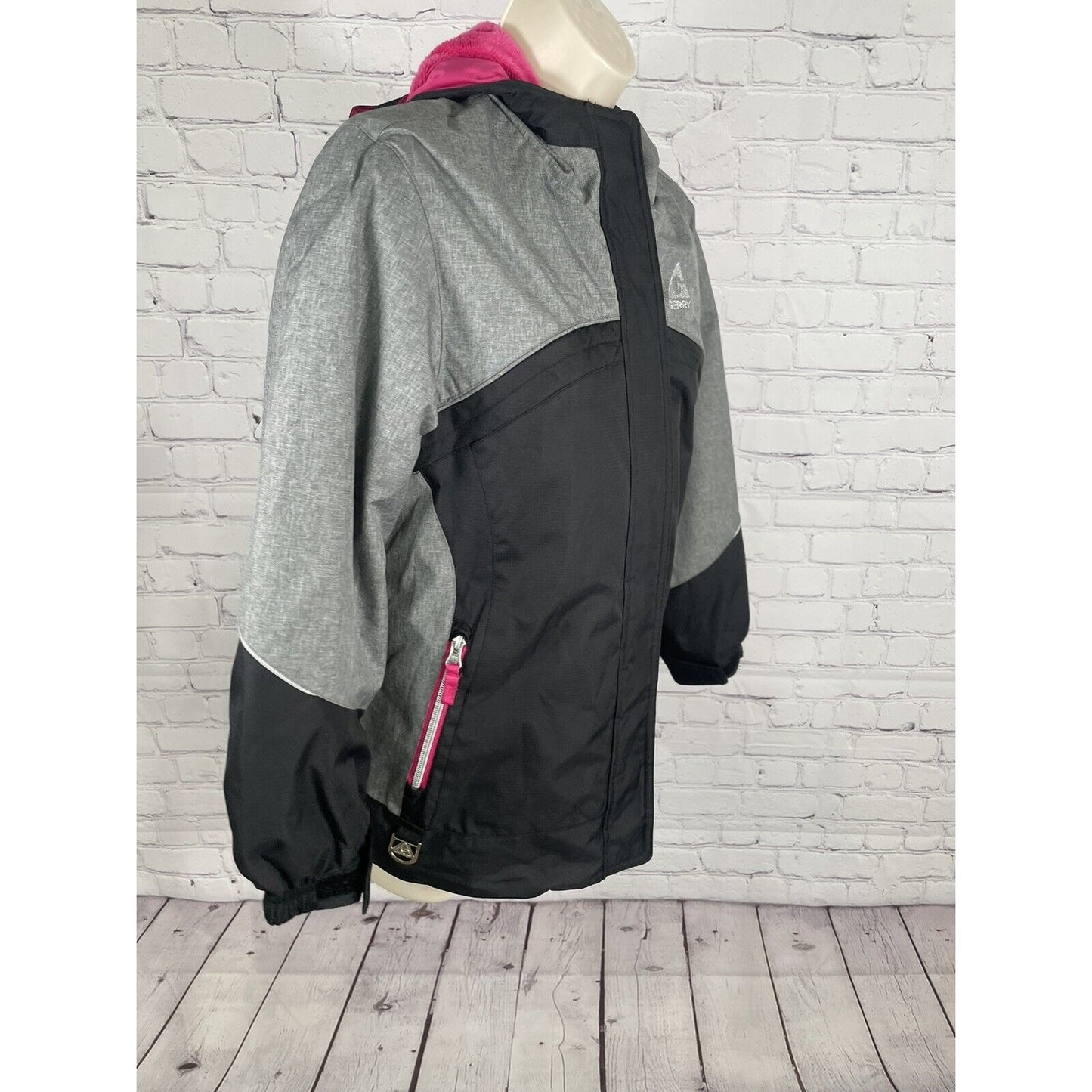 Gerry Grey Black Ski Snow Color Block Faux Fur Hooded Jacket Girls Size M Medium
