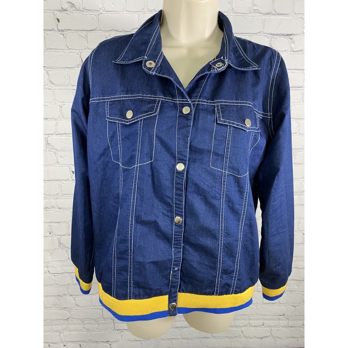 Bewakoof Savage Dark Blue Denim Blue Yellow Trim Snap Up Jacket L