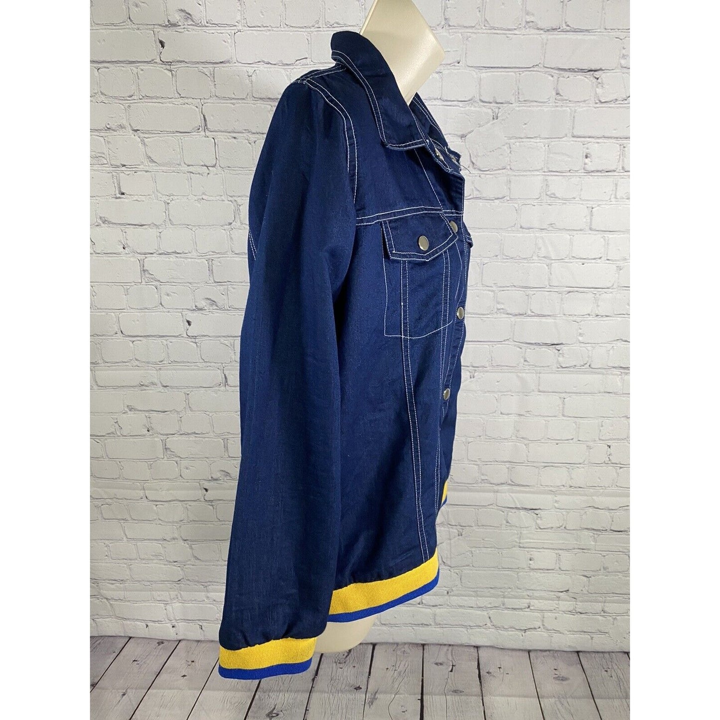Bewakoof Savage Dark Blue Denim Blue Yellow Trim Snap Up Jacket L