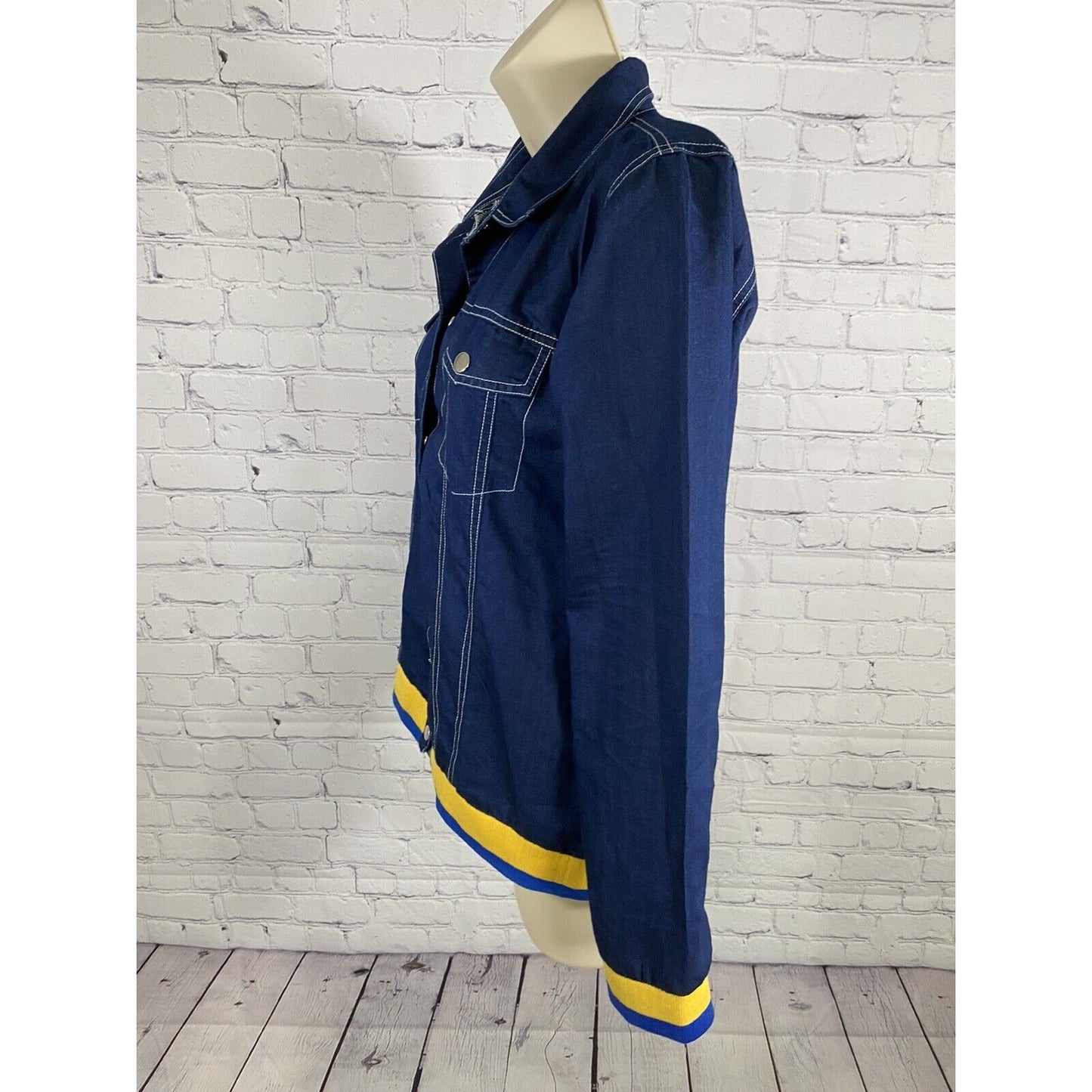 Bewakoof Savage Dark Blue Denim Blue Yellow Trim Snap Up Jacket L