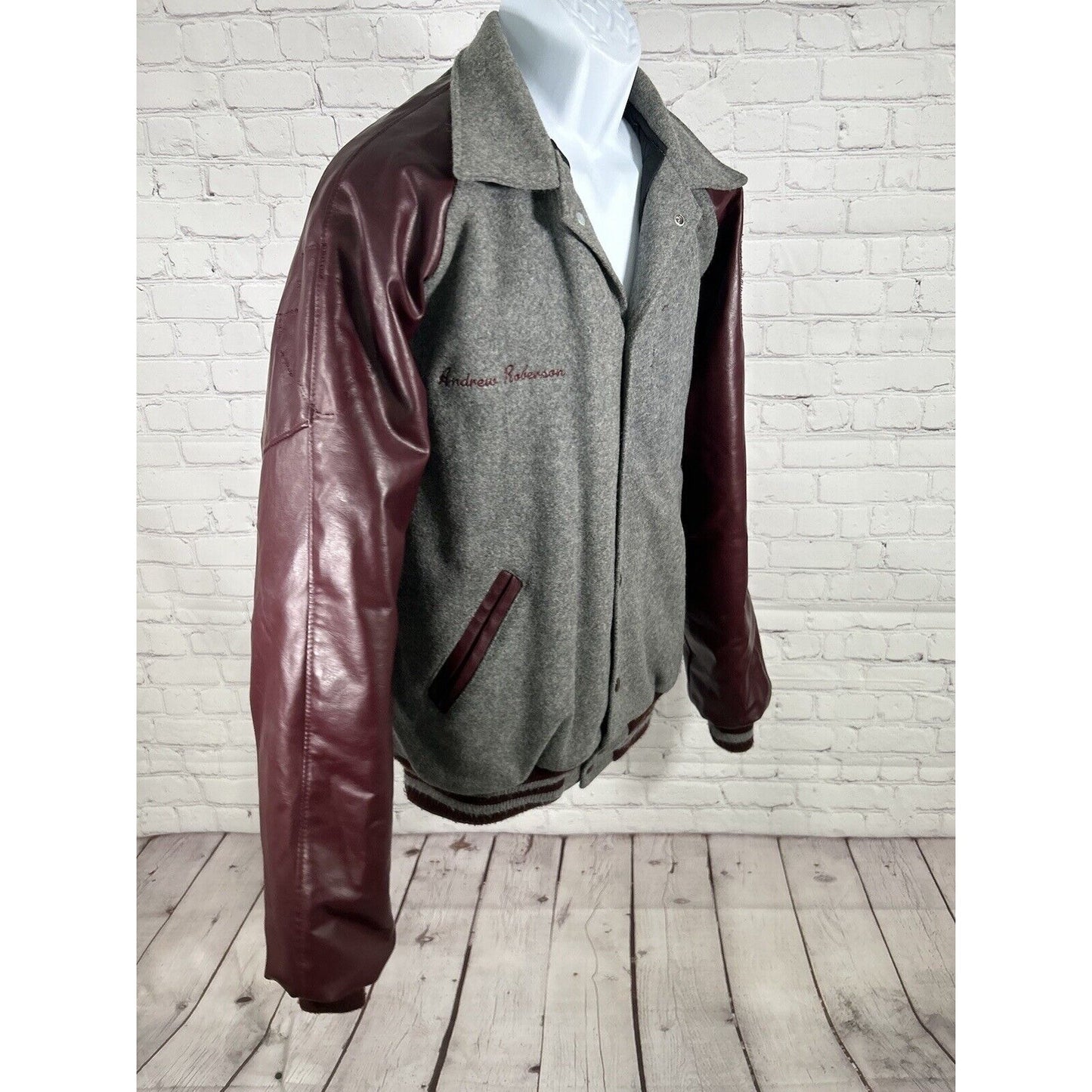 Neff Gray Maroon Wool Blend Leather Quilted Lining Letterman Varsity Jacket L
