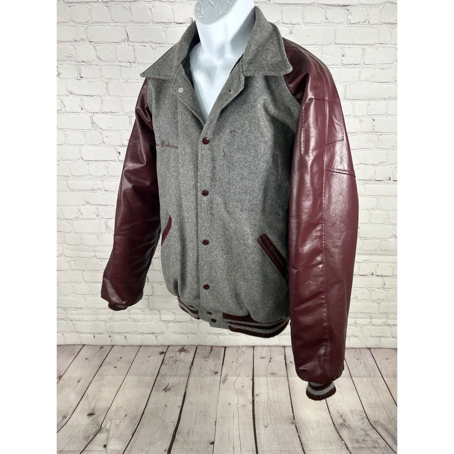 Neff Gray Maroon Wool Blend Leather Quilted Lining Letterman Varsity Jacket L