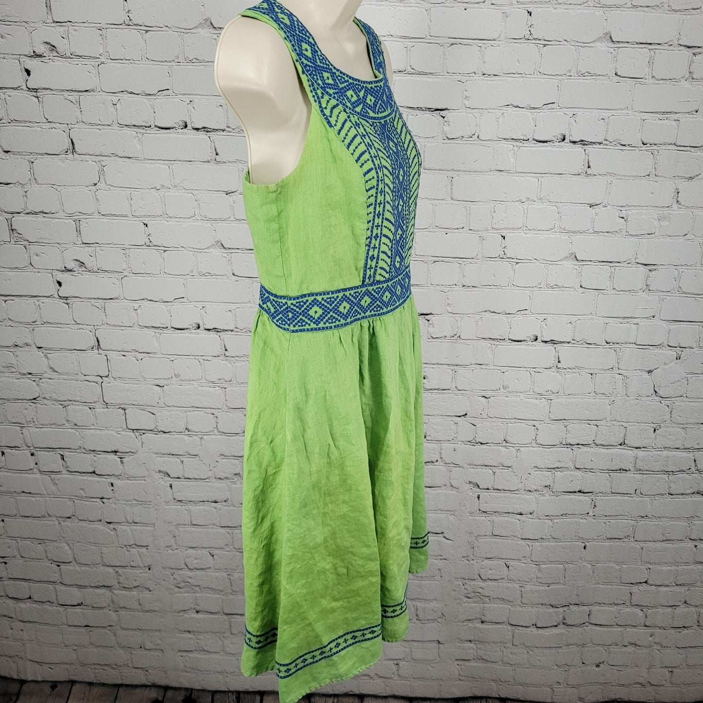 Lands’ End Green 100% Linen Embroidered Sleeveless Lined Short A-Line Dress 6