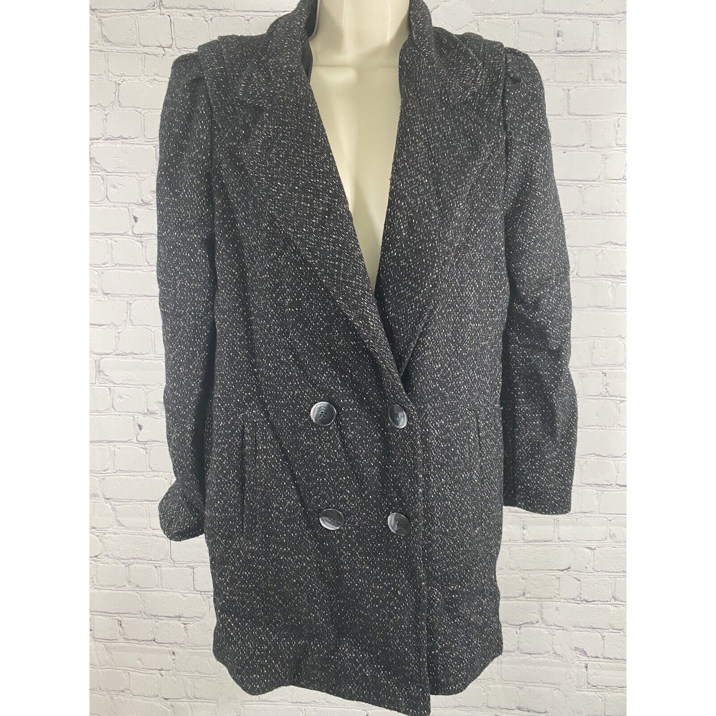 Vintage New York Girl Black Shoulder Pleated Double Breasted Pea Coat Jacket 6