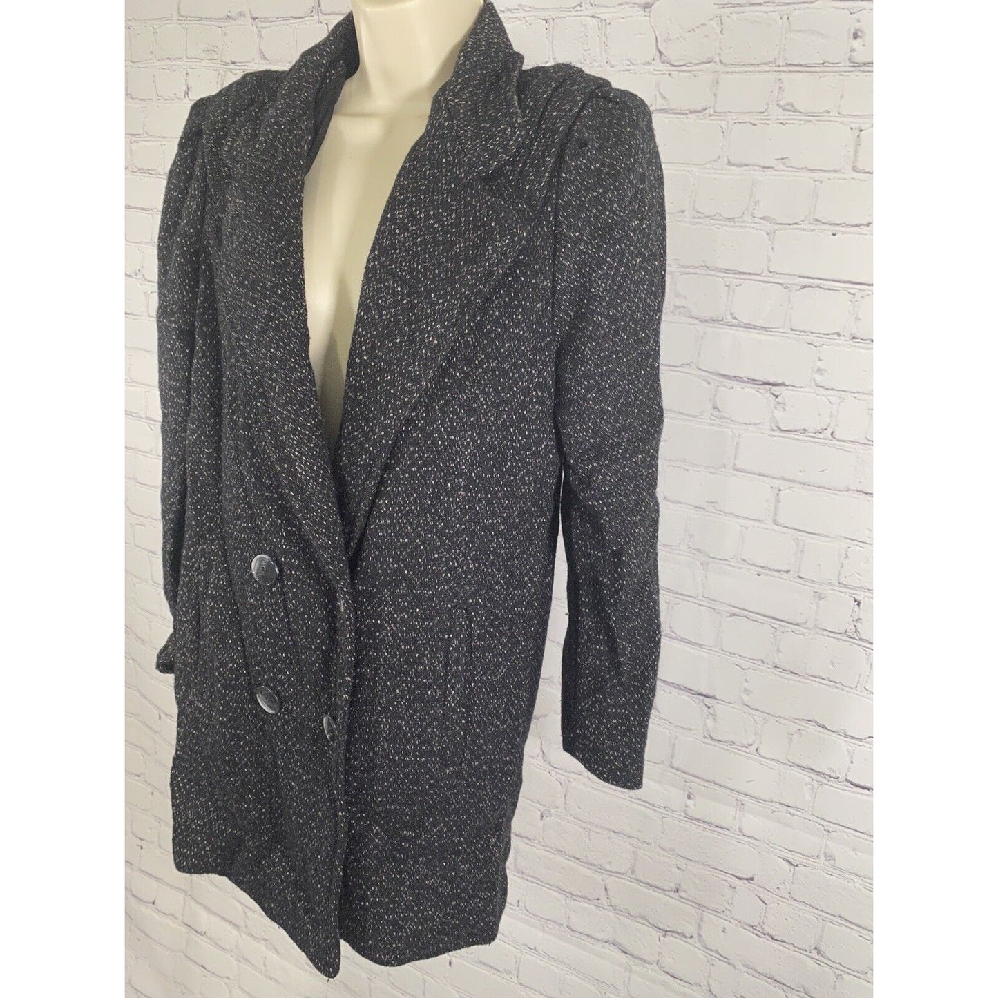 Vintage New York Girl Black Shoulder Pleated Double Breasted Pea Coat Jacket 6