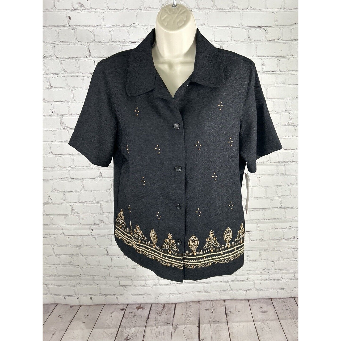 NWT Alfred Dunner Black Beaded Embroidered Shoulder Padded Shirt Women’s 8