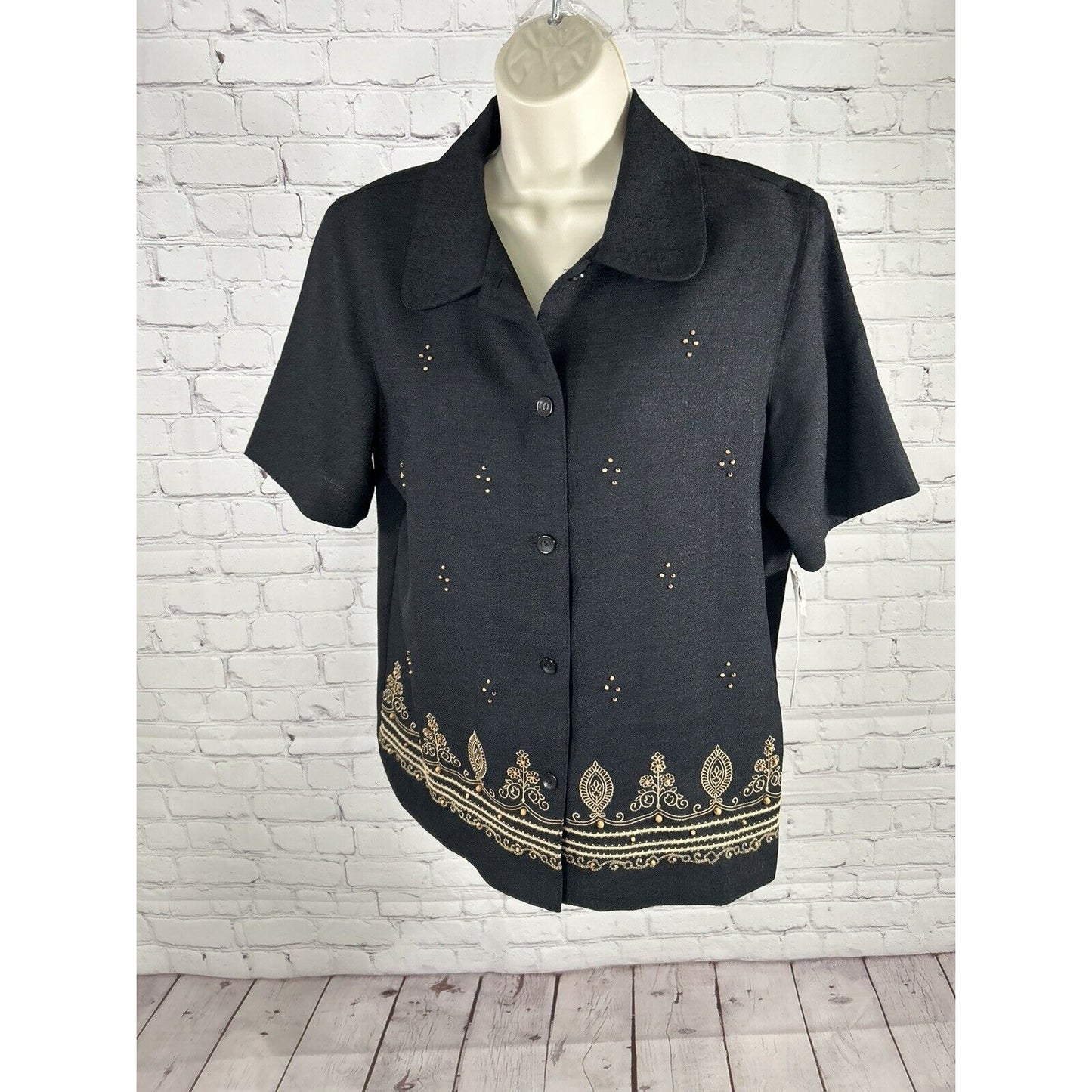 NWT Alfred Dunner Black Beaded Embroidered Shoulder Padded Shirt Women’s 8