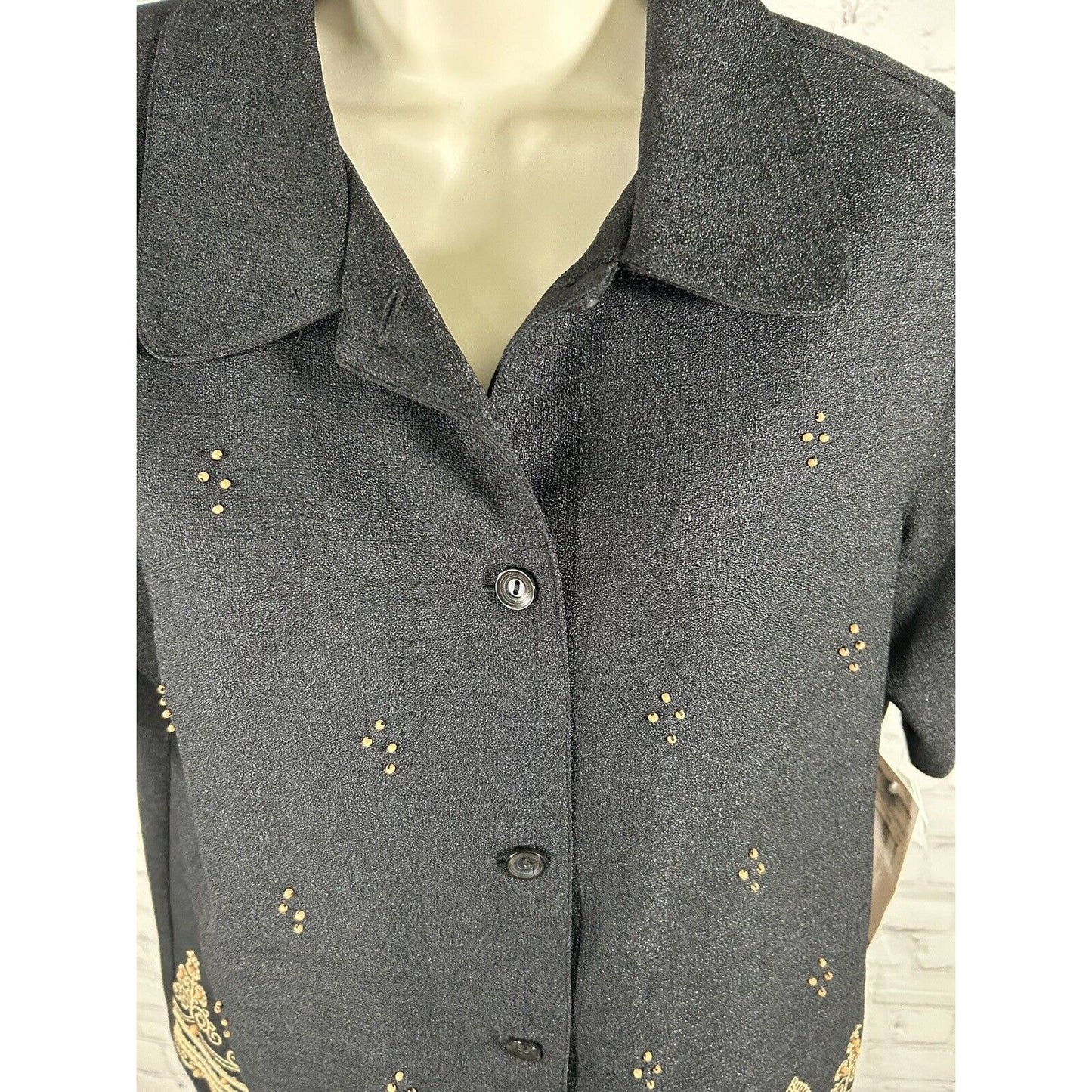 NWT Alfred Dunner Black Beaded Embroidered Shoulder Padded Shirt Women’s 8