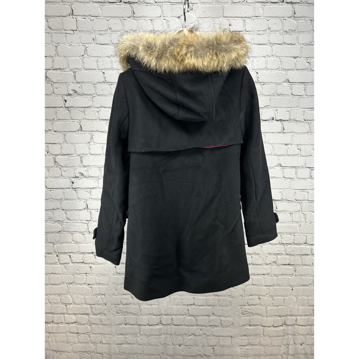 Trina Turk Wool Blend Full Zip Buckle Snap Close Coyote Fur Lined Hood Coat 6