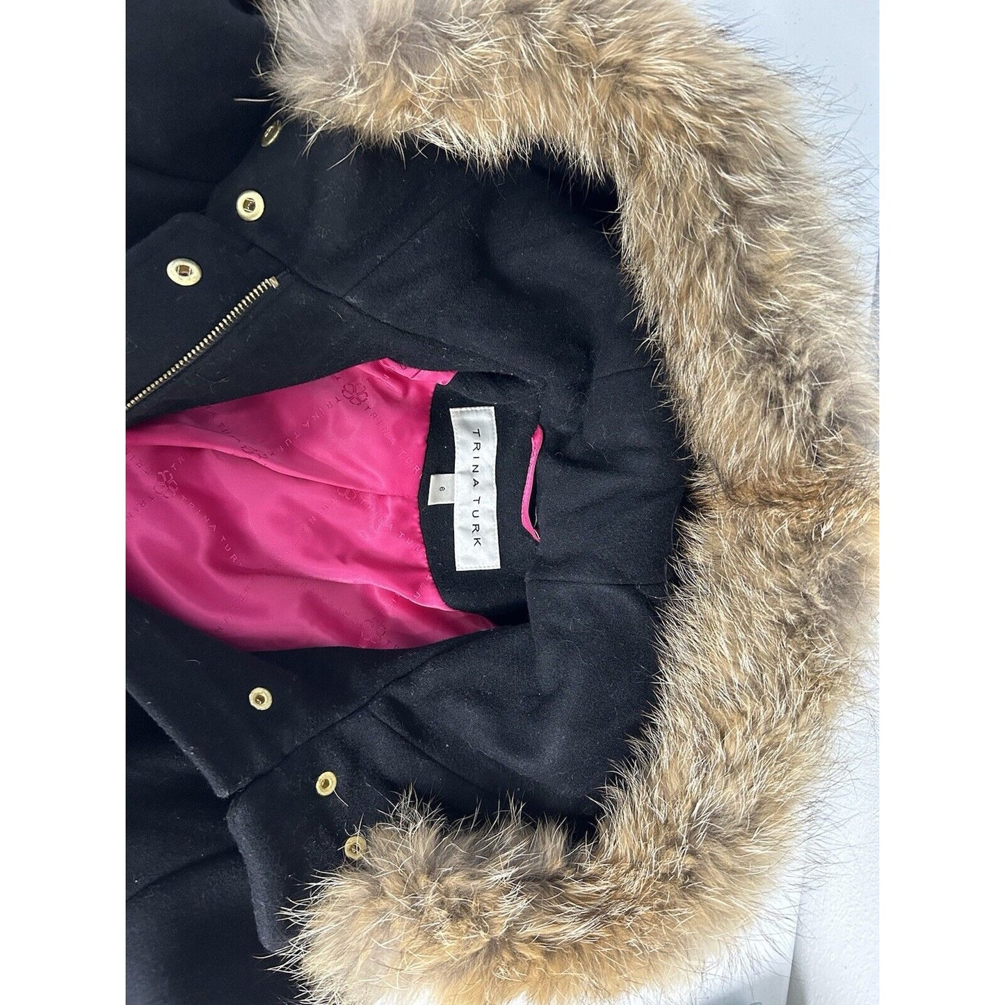 Trina Turk Wool Blend Full Zip Buckle Snap Close Coyote Fur Lined Hood Coat 6