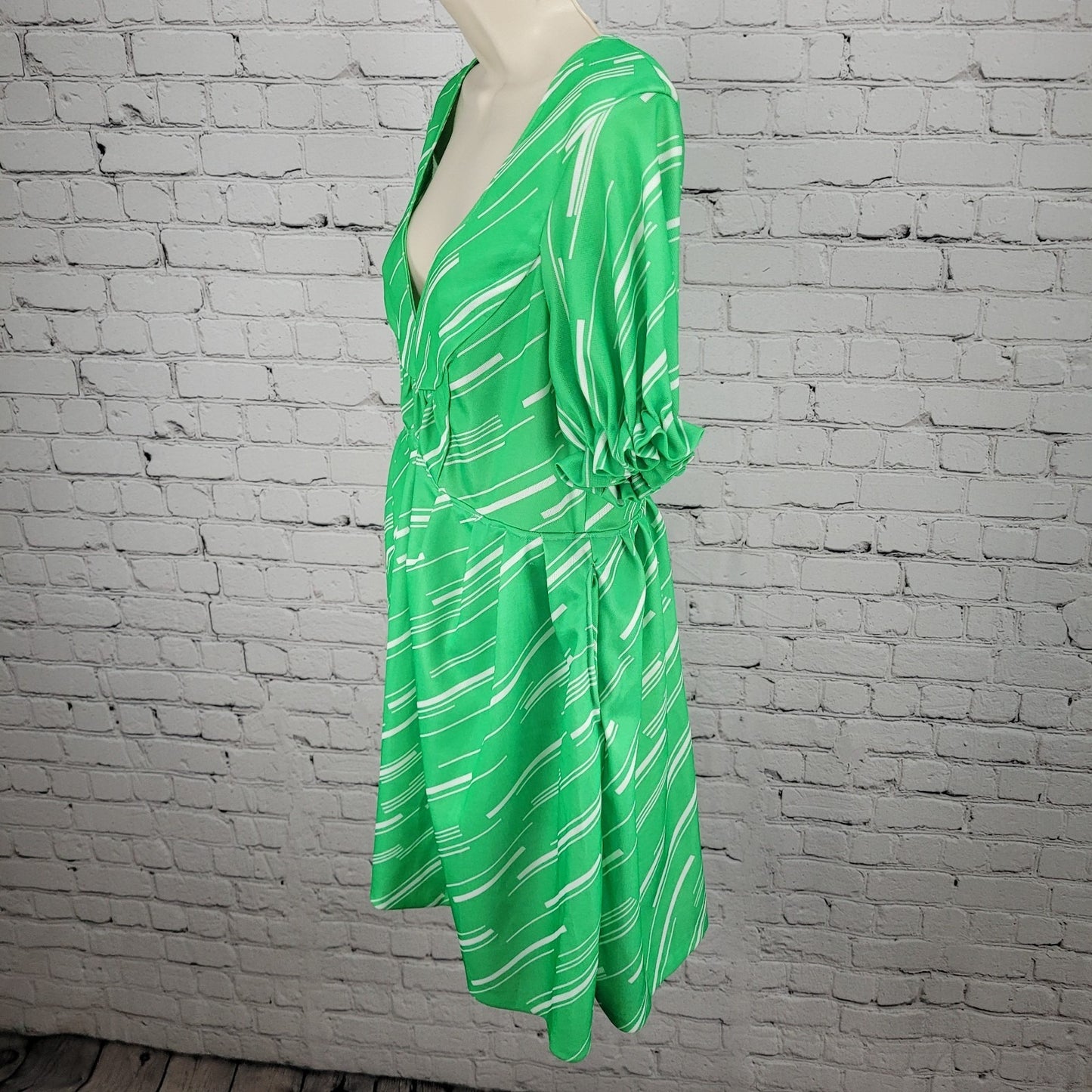 Elly Abels Green Handmade Retro Puff Sleeve Back Tie Stretch Dress Size Small S