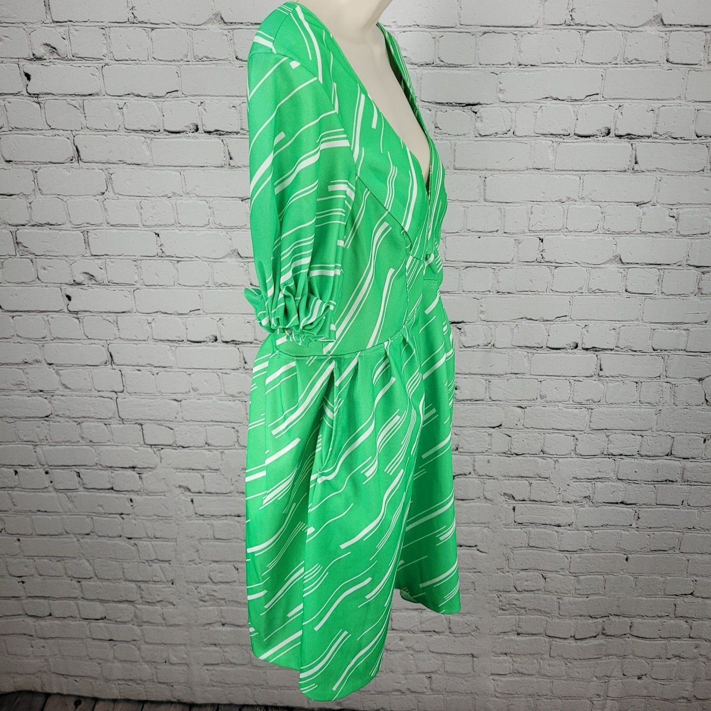 Elly Abels Green Handmade Retro Puff Sleeve Back Tie Stretch Dress Size Small S
