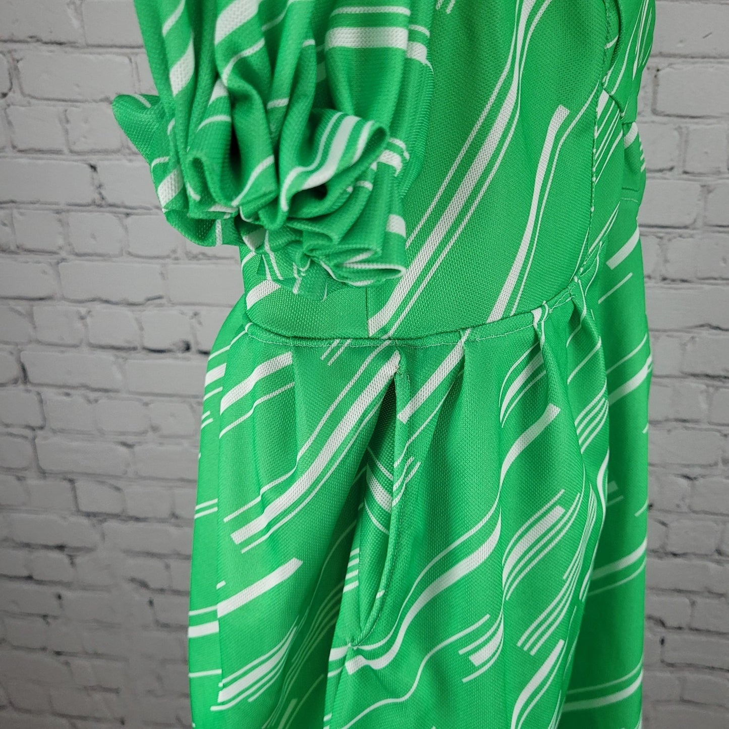 Elly Abels Green Handmade Retro Puff Sleeve Back Tie Stretch Dress Size Small S