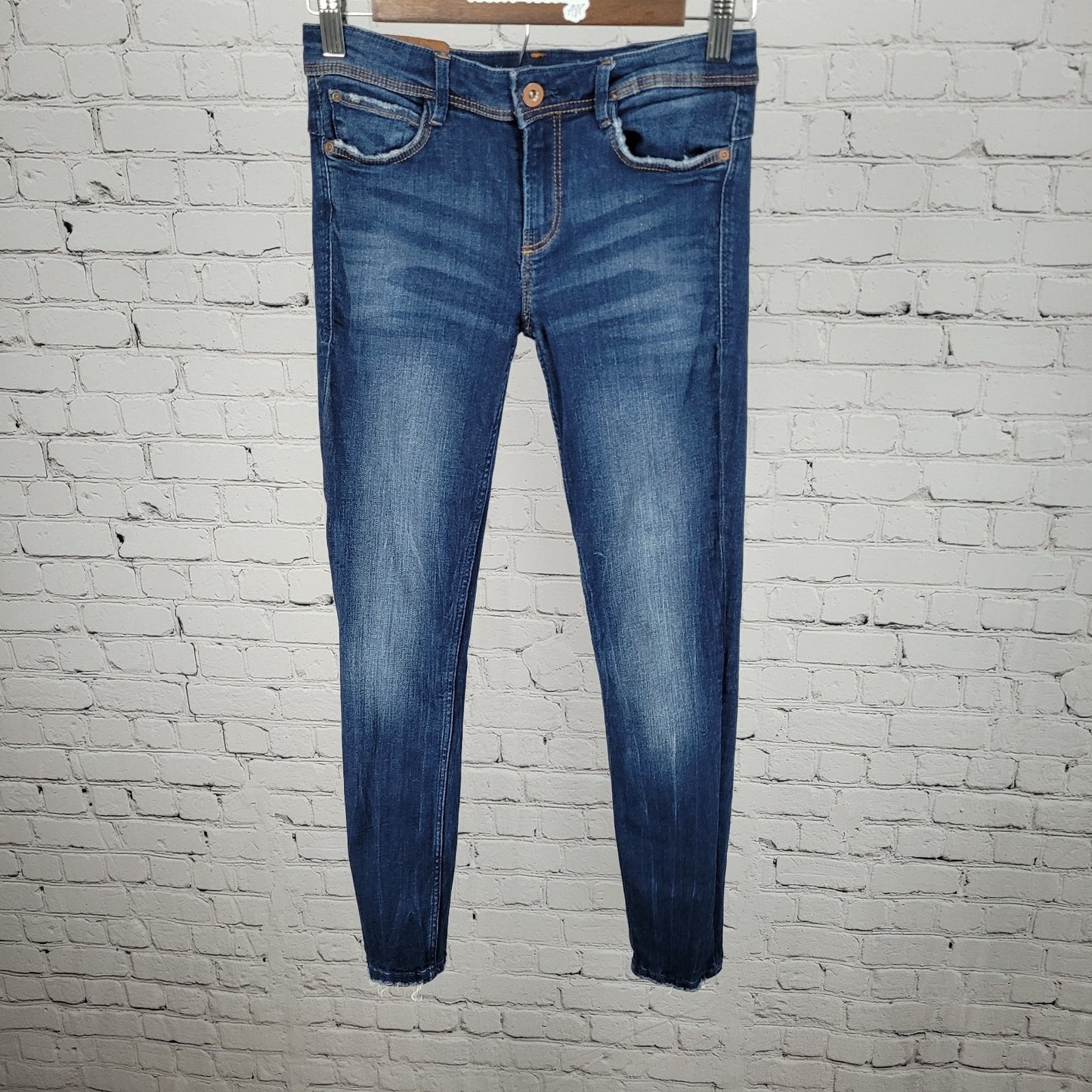 Zara Trafaluc Blue Denim Distressed Low Rise Skinny Ankle Jeans Size 4 (27x26)