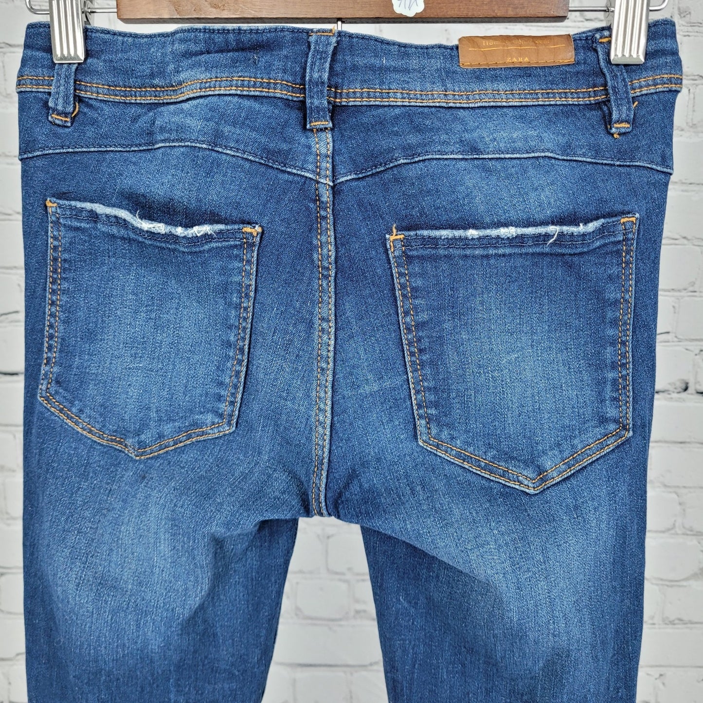 Zara Trafaluc Blue Denim Distressed Low Rise Skinny Ankle Jeans Size 4 (27x26)