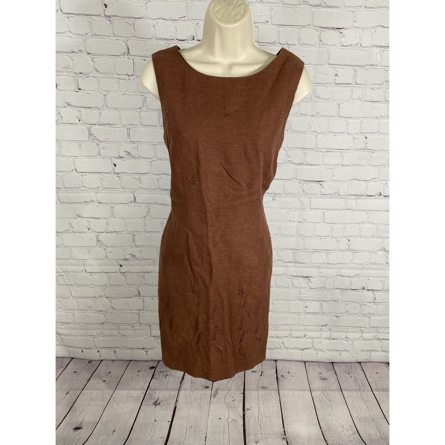 John Roberts Brown Linen Embroidered Lined Sleeveless Knee Length Shift Dress 12