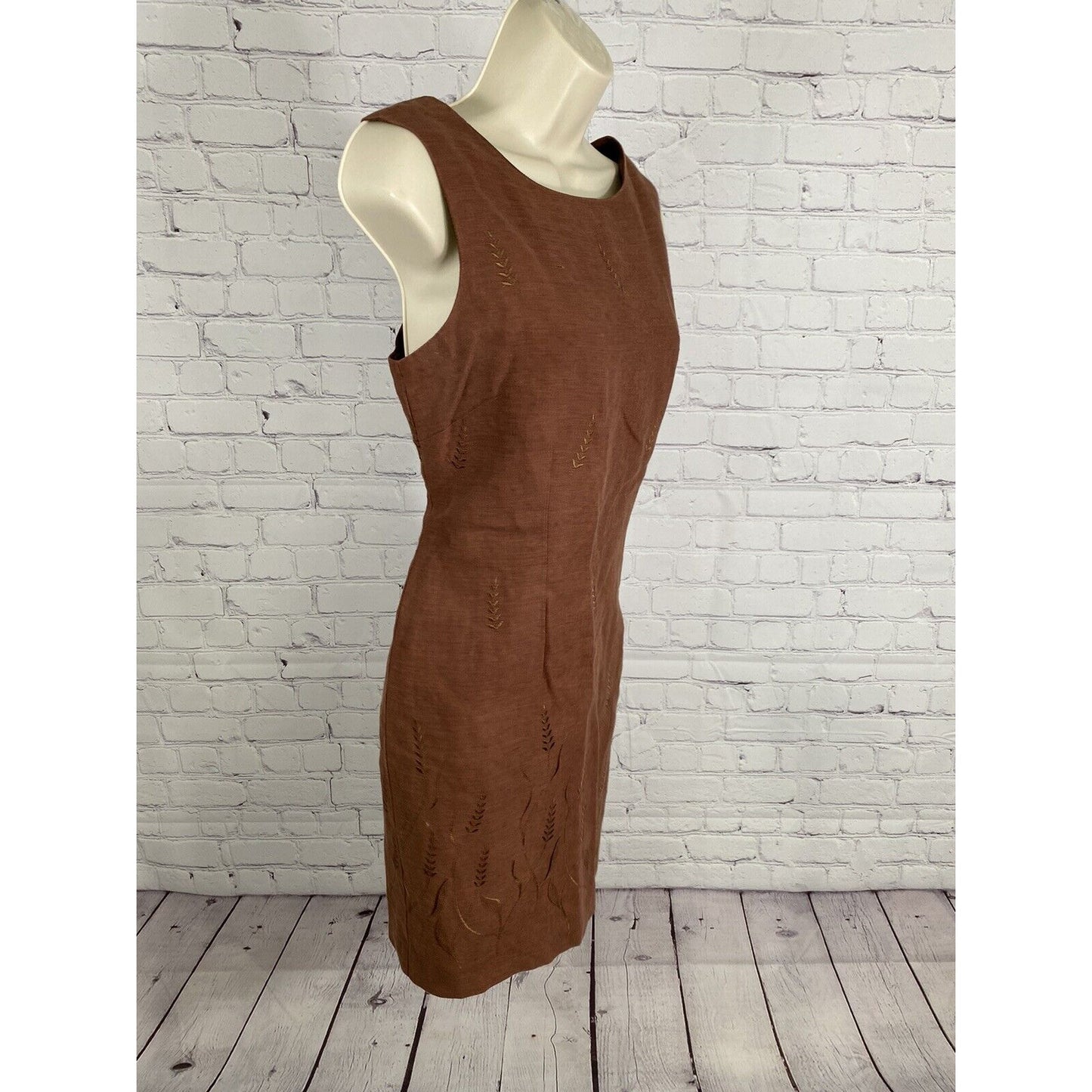 John Roberts Brown Linen Embroidered Lined Sleeveless Knee Length Shift Dress 12