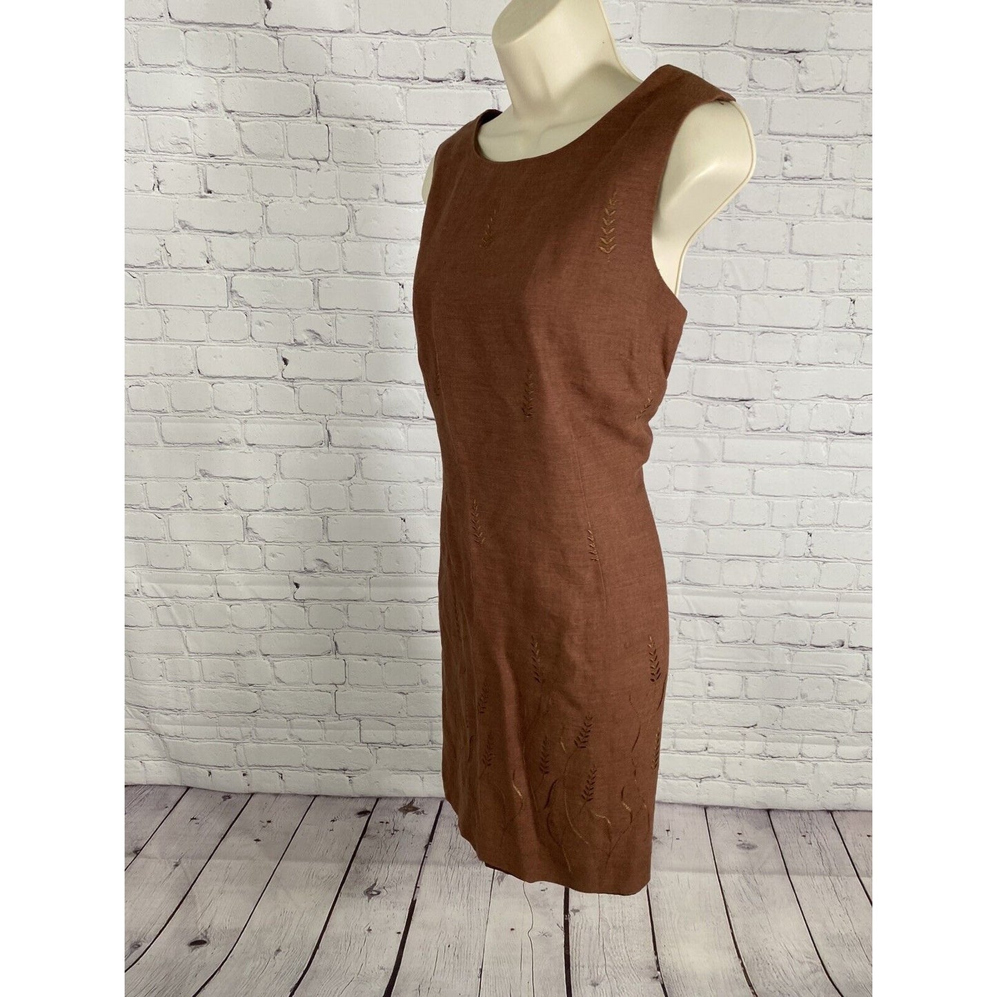 John Roberts Brown Linen Embroidered Lined Sleeveless Knee Length Shift Dress 12